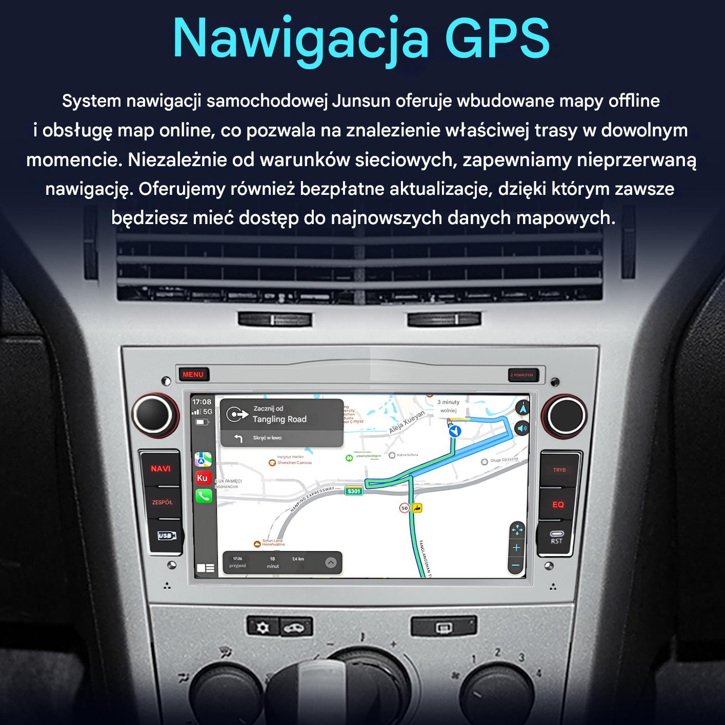 System nawigacji samochodowej wyświetlający mapę z prowadzeniem po trasie i różnymi przyciskami.