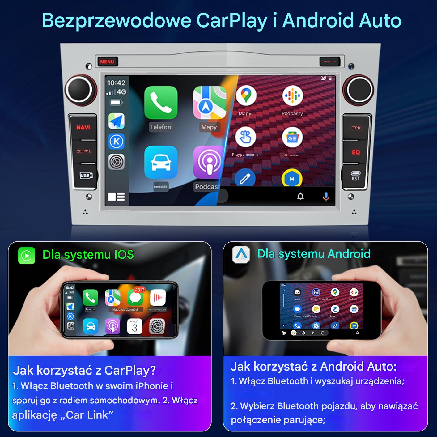 Ekran radia samochodowego z ikonami aplikacji. Poniżej instrukcje dotyczące korzystania z CarPlay i Android Auto z Bluetooth.