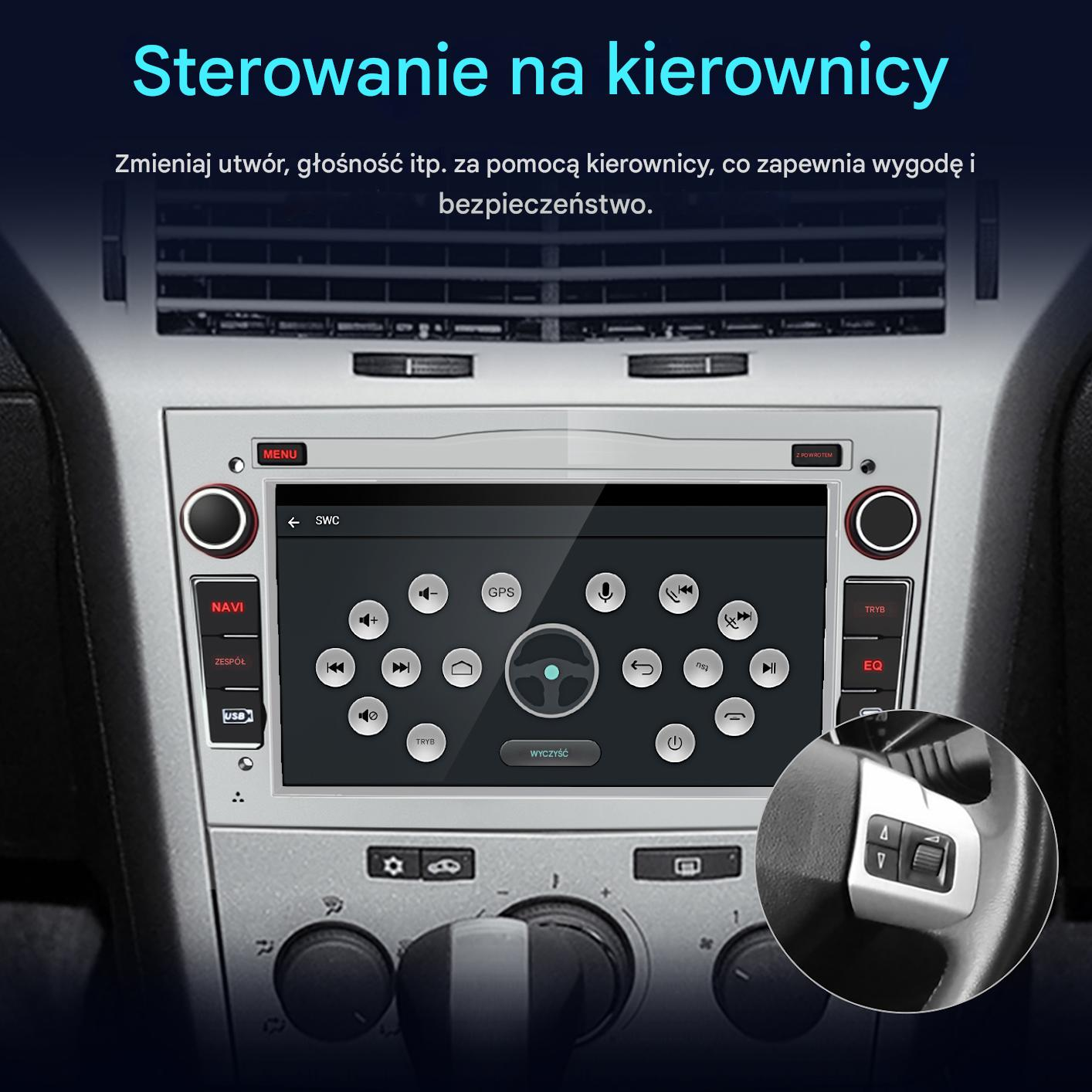 System multimedialny samochodu. Ekran z przyciskami i sterowaniem z kierownicy. Tekst u góry mówi 'Sterowanie z kierownicy'.