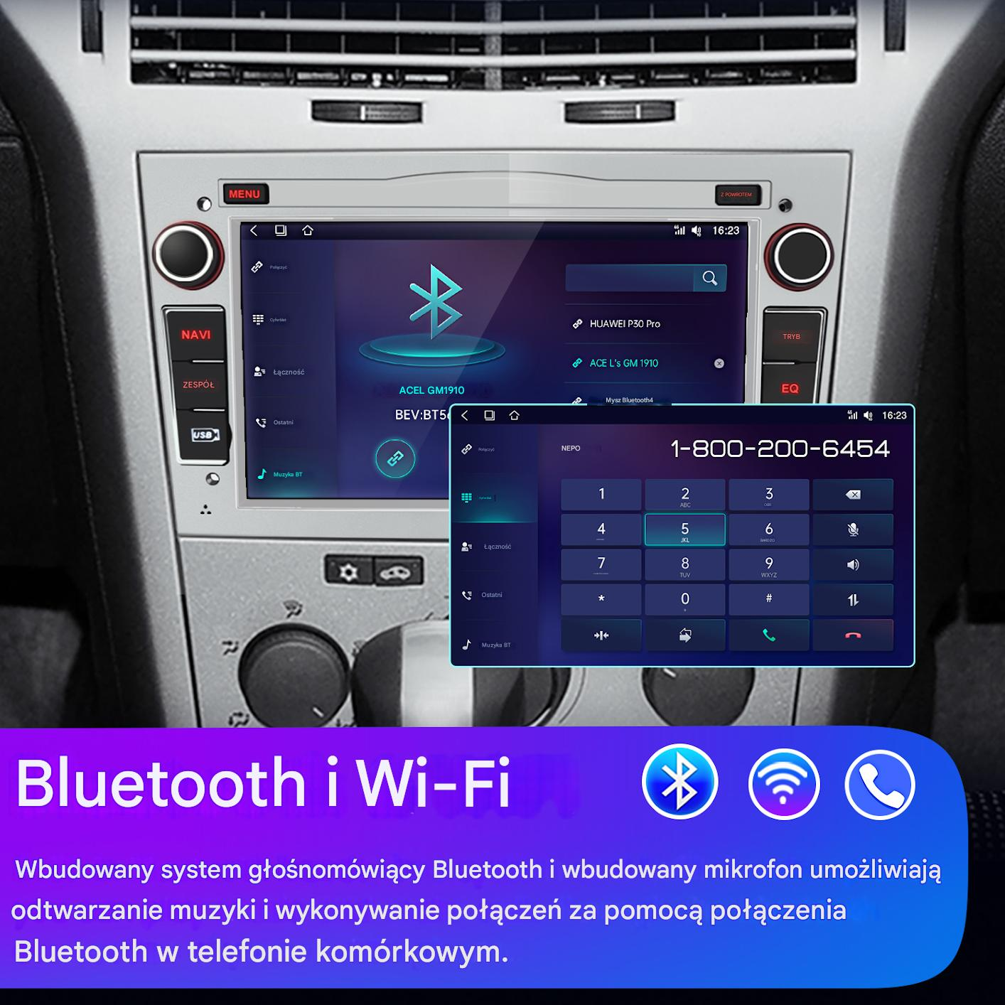 Deska rozdzielcza samochodu z ekranem wyświetlającym wybierak telefonu i opcje Bluetooth. Tekst brzmi Bluetooth i Wi-Fi.