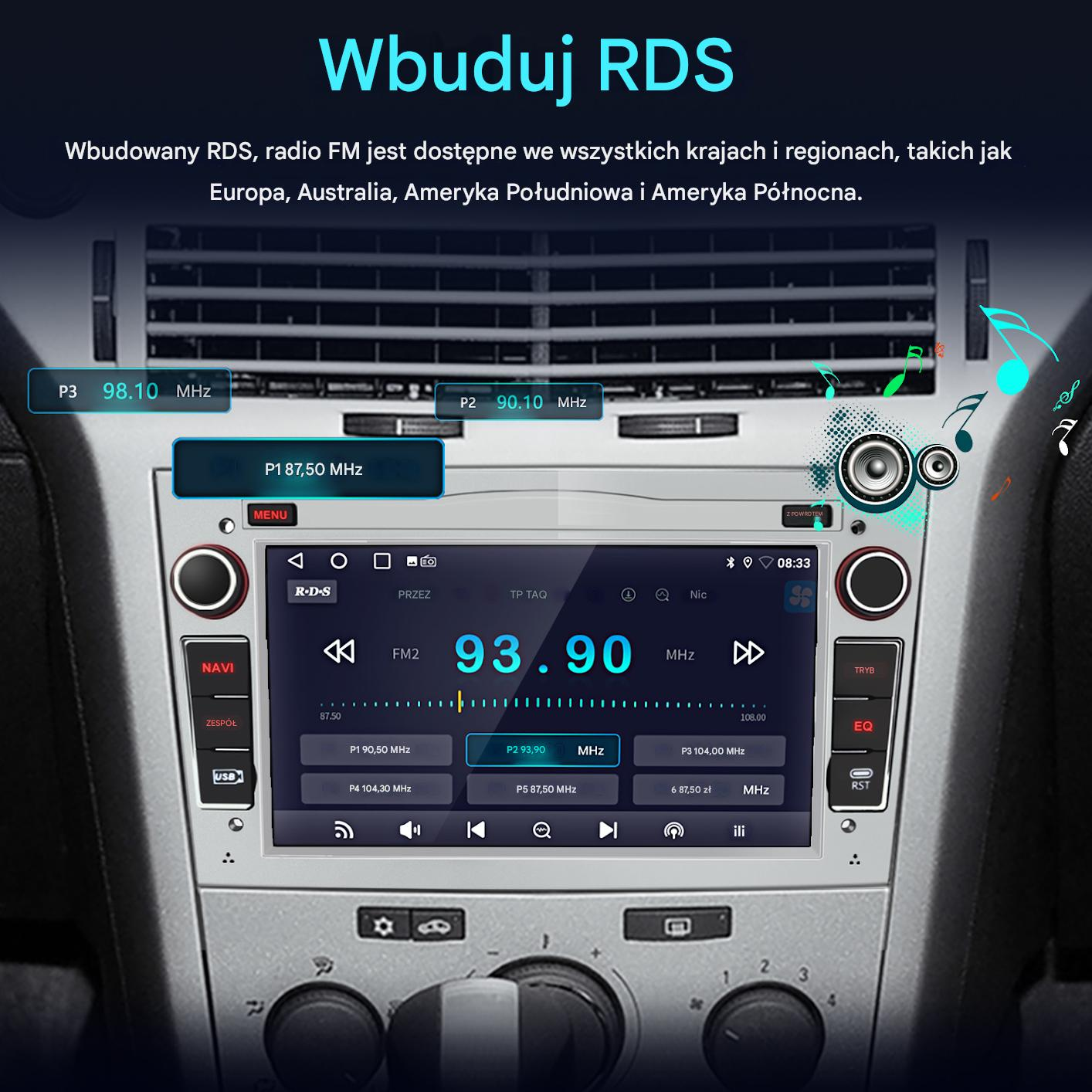 Wyświetlacz radia samochodowego pokazujący częstotliwość radia FM 93,90 MHz. Widoczne przyciski nawigacji, USB i inne ustawienia.