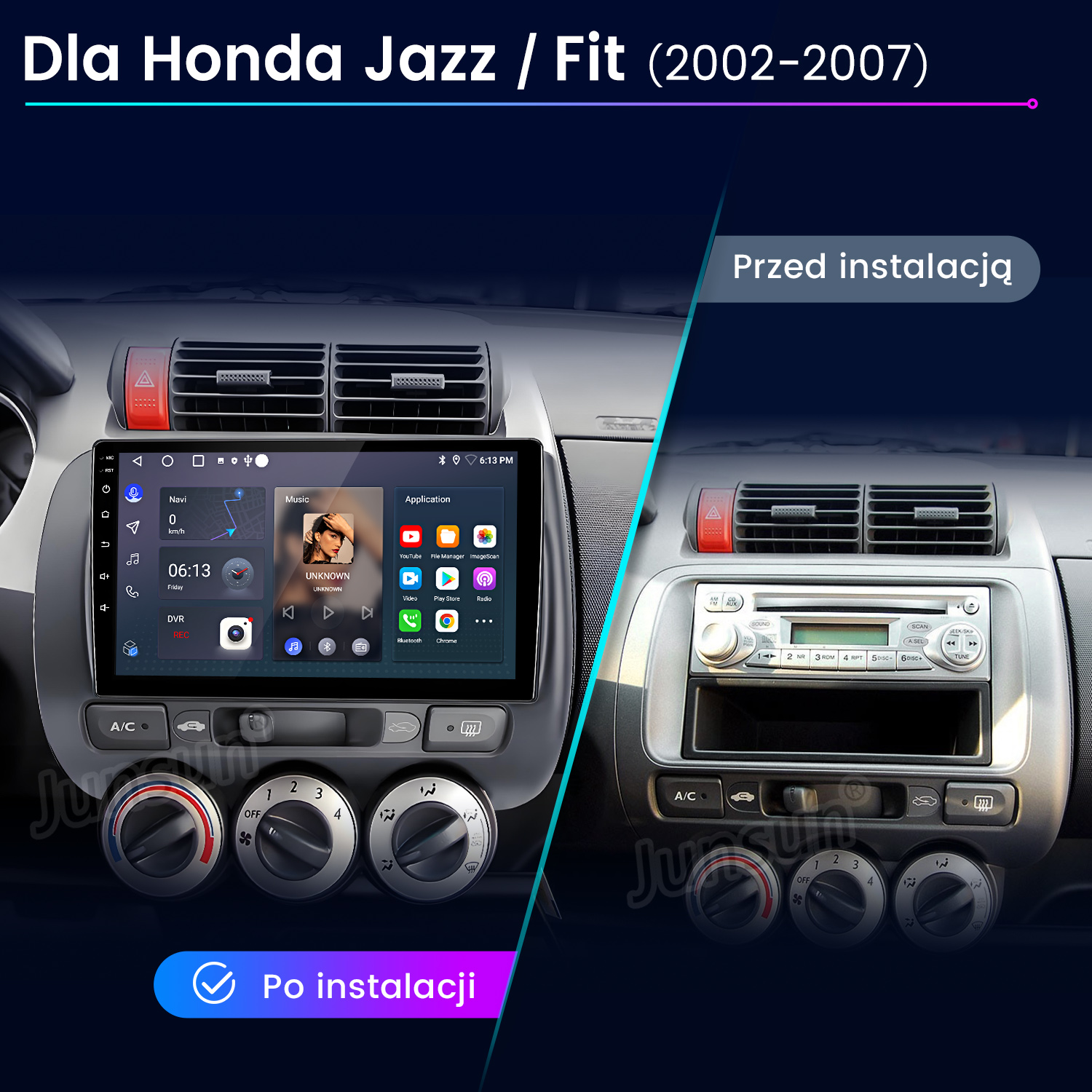 Obraz pokazuje porównanie deski rozdzielczej samochodu: przed i po instalacji radia. Zawiera nowoczesny ekran i oryginalne radio.