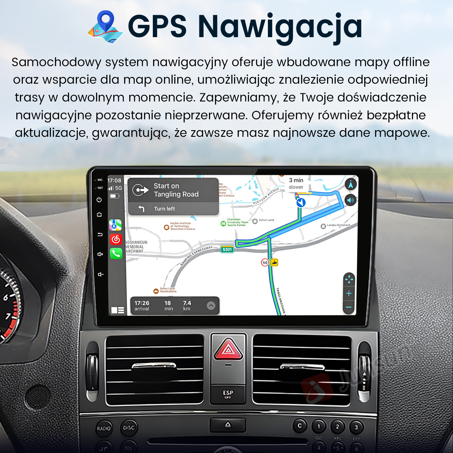 System nawigacji samochodowej wyświetlający mapę z wskazówkami trasy. Ekran pokazuje trasę i otoczenie.