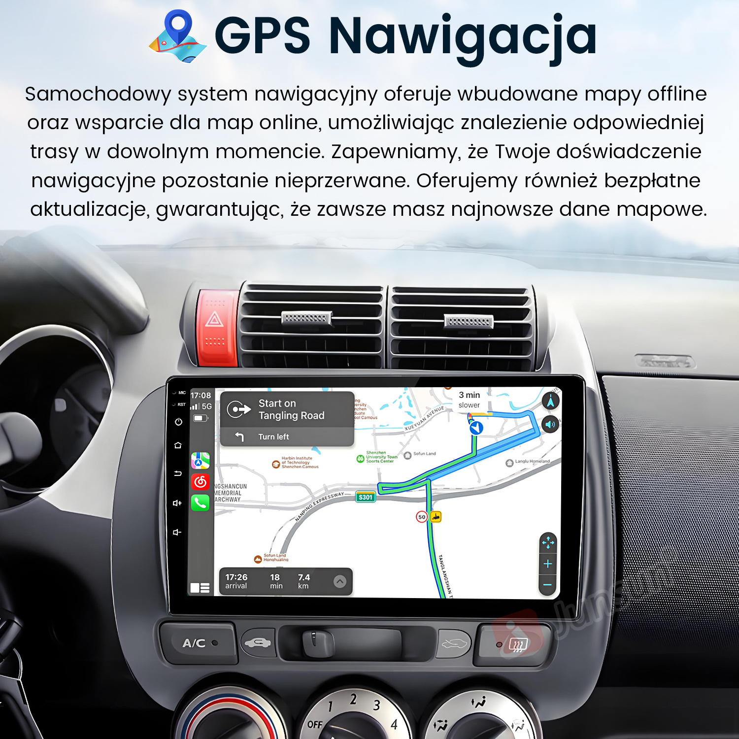 System nawigacji samochodowej wyświetla mapę z trasą. Widoczne są elementy deski rozdzielczej i kratki wentylacyjne.