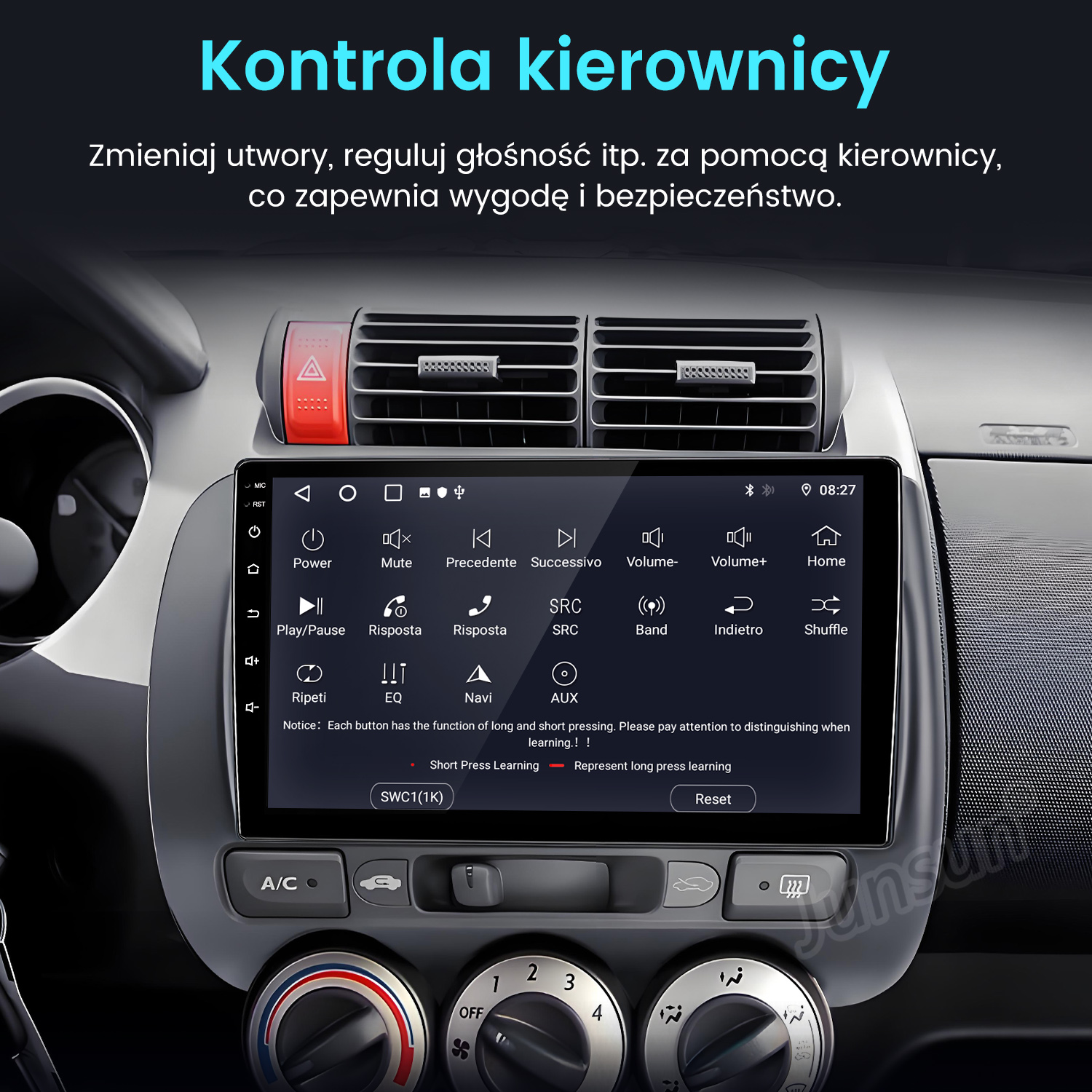 Panel deski rozdzielczej samochodu z ekranem dotykowym. Przyciski zasilania, głośności i inne. Widoczne są również kratki wentylacyjne i elementy klimatyzacji.