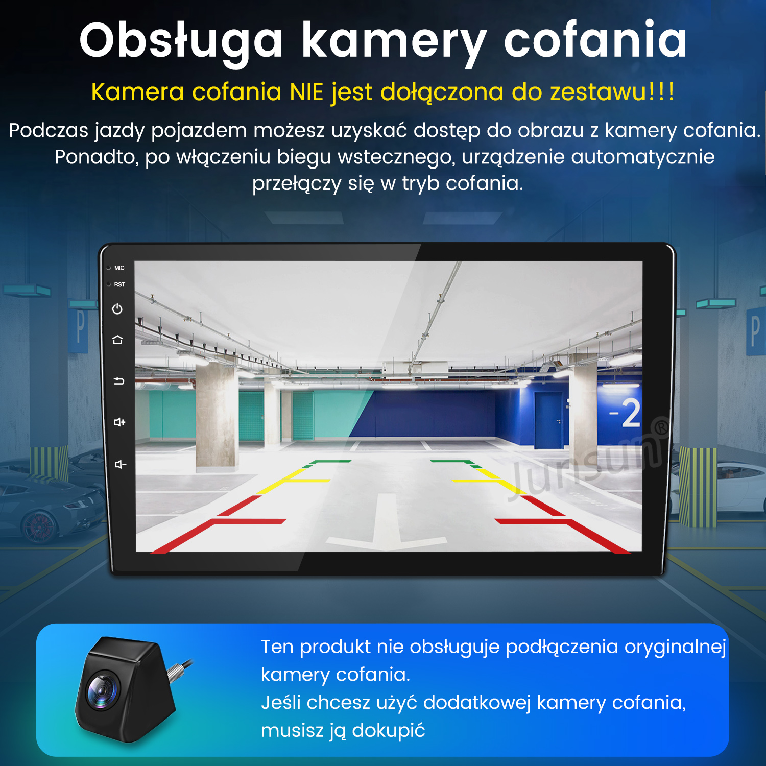 Widok kamery cofania samochodu na ekranie. Ekran pokazuje linie parkingowe i garaż. Poniżej pokazano kamerę.