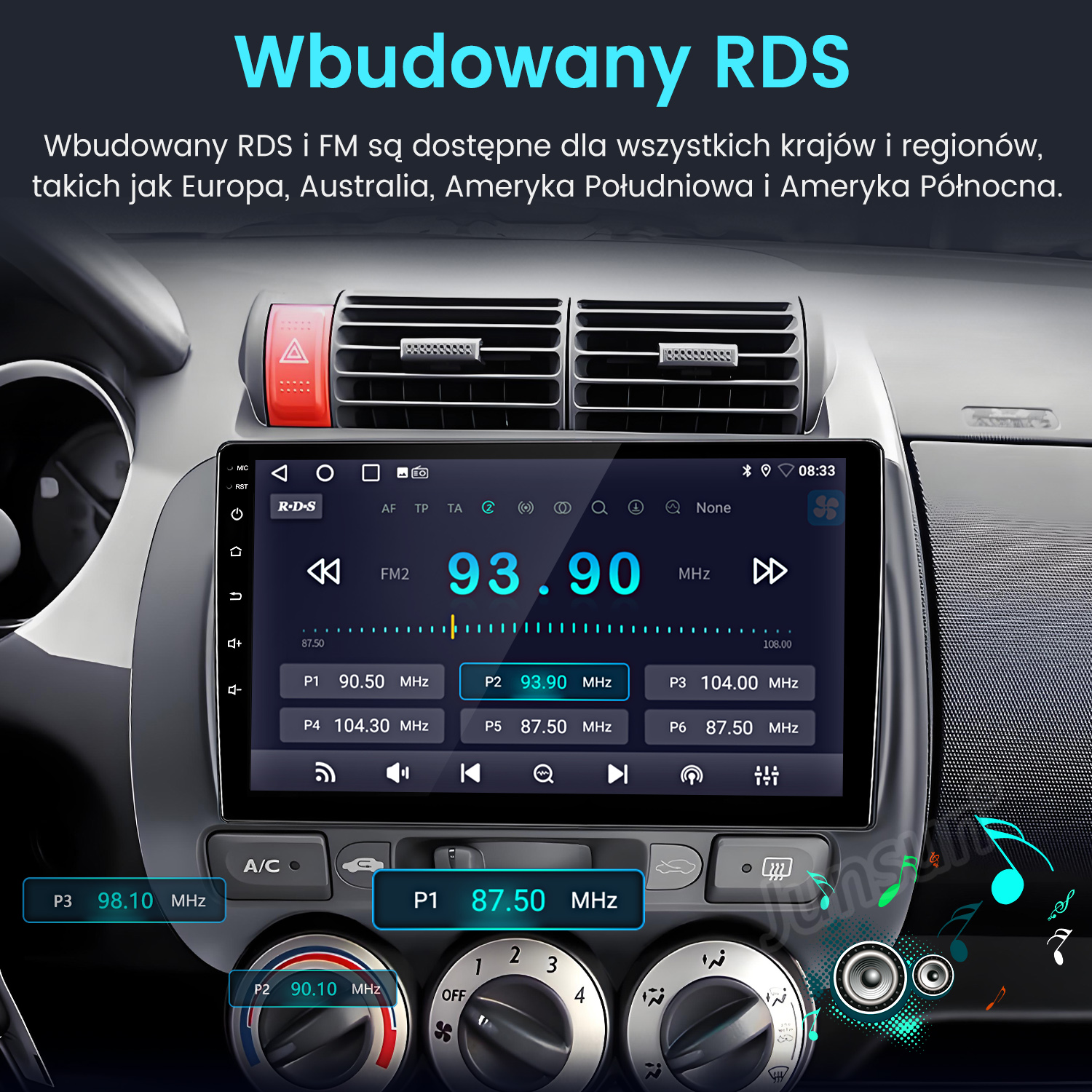 Ekran radia samochodowego z ustawieniami radia FM. Ekran wyświetla częstotliwość 93,90 MHz. Widoczne przyciski i pokrętła.