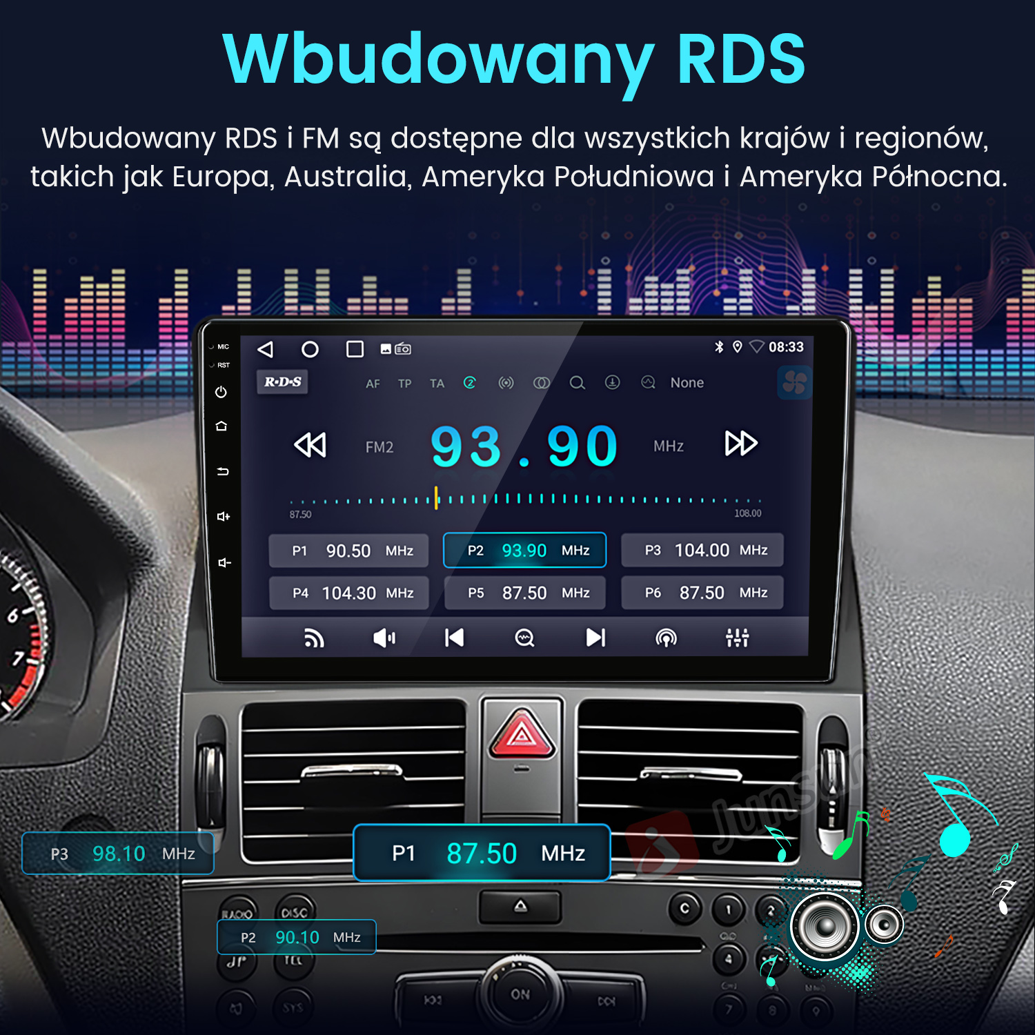 Ekran radia samochodowego wyświetlający FM2 93,90 MHz. Widoczne przyciski, grafika i szczegóły tekstu. Tło to wnętrze samochodu.