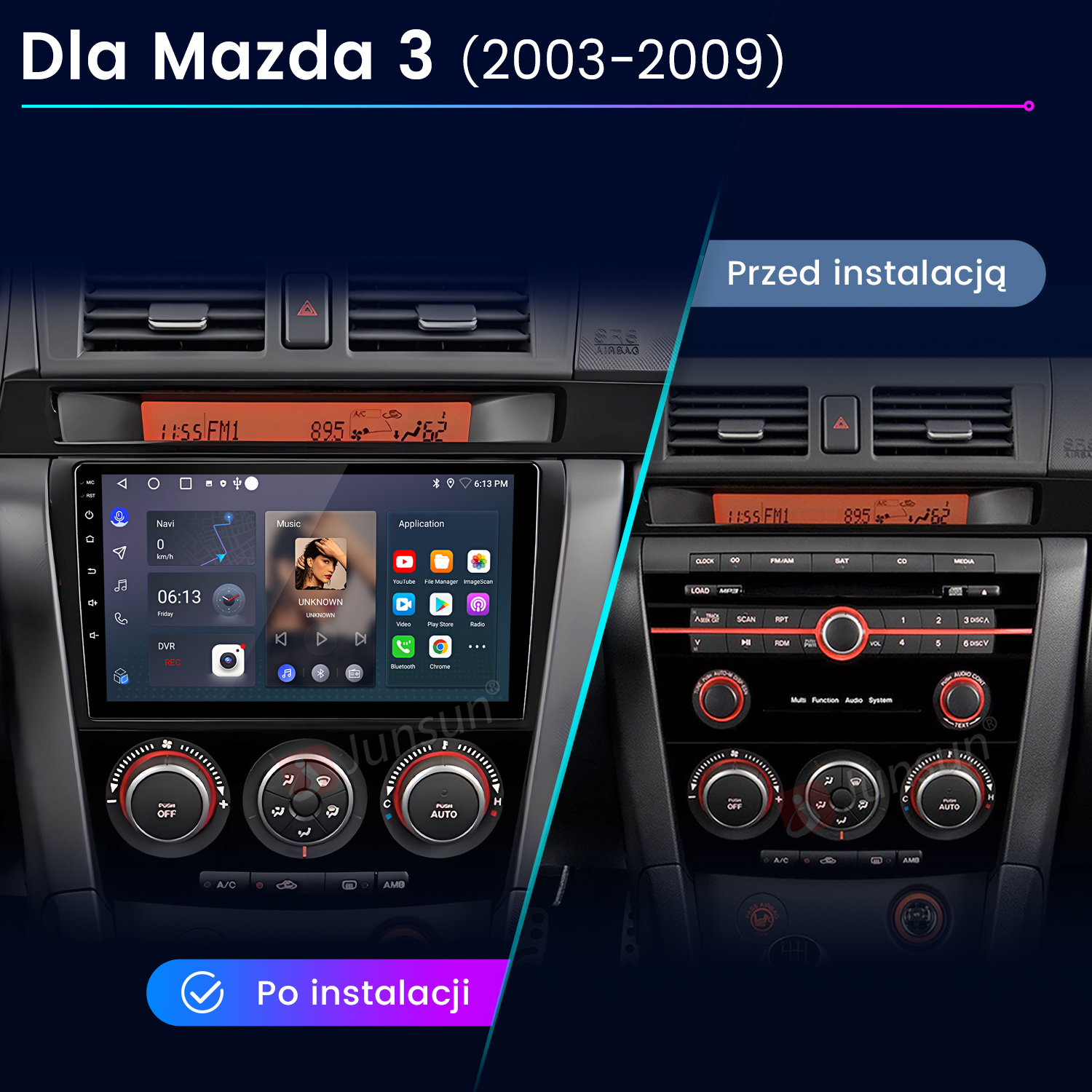 Porównanie deski rozdzielczej samochodu: przed i po instalacji nowego ekranu. Wyświetla radio, nawigację i elementy sterowania klimatyzacją.