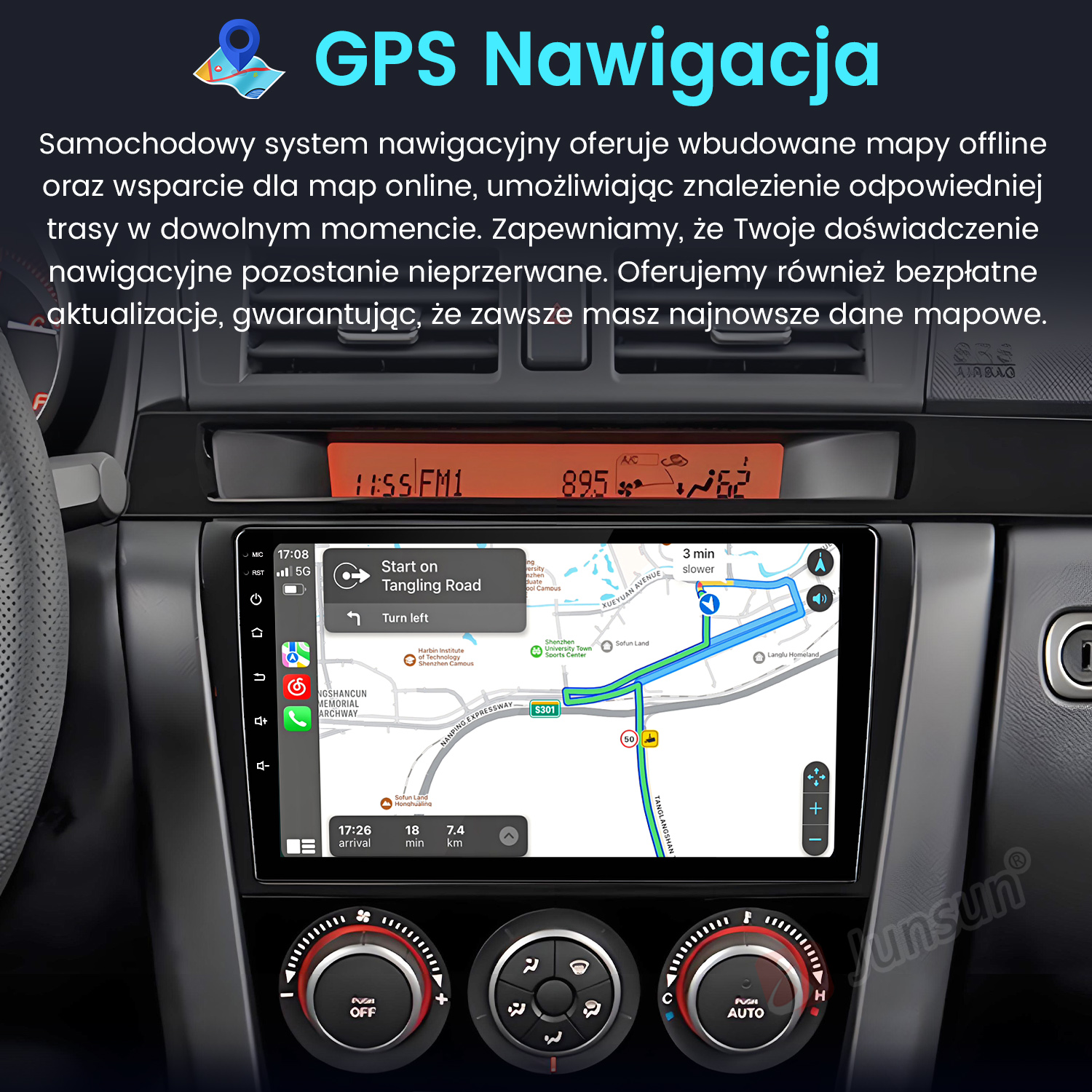 Ekran samochodowego systemu nawigacji GPS, wyświetlający mapę z instrukcjami. Przyciski i pokrętła widoczne poniżej.