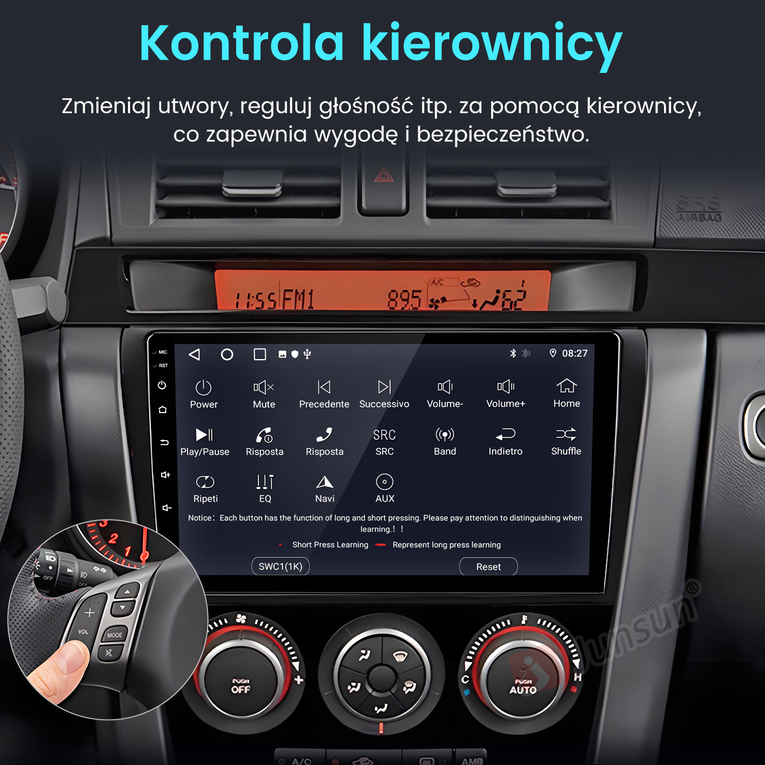 Deska rozdzielcza samochodu z wyświetlaczem radia i kontrolkami kierownicy. Ręka naciska przycisk.