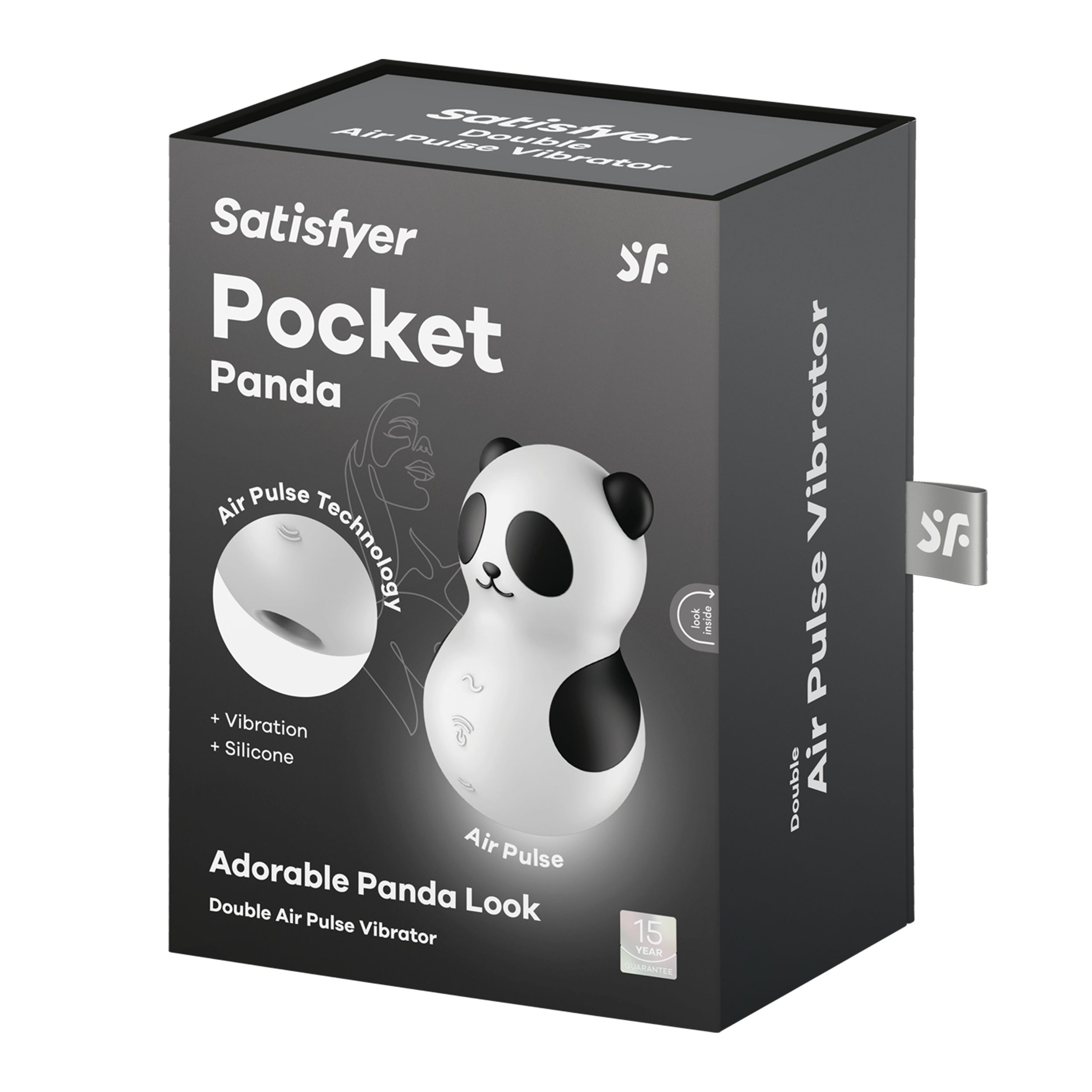 Pudełko produktu Satisfyer Pocket Panda, wibrator z podwójnym impulsem powietrza. Ma wzór pandy i funkcje.