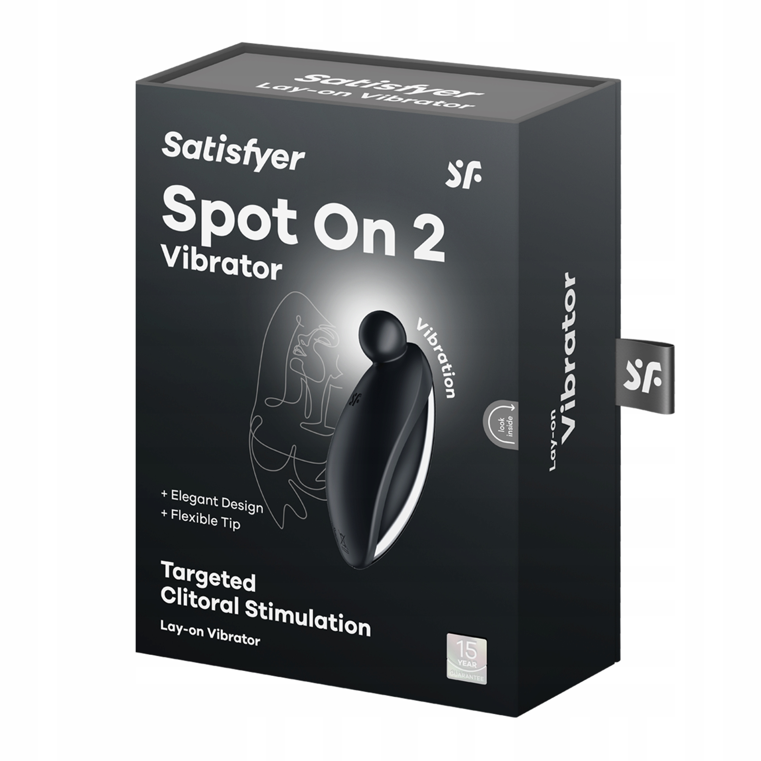 Czarne pudełko produktu z napisem "Satisfyer Spot On 2 Vibrator". Zawiera czarny wibrator.