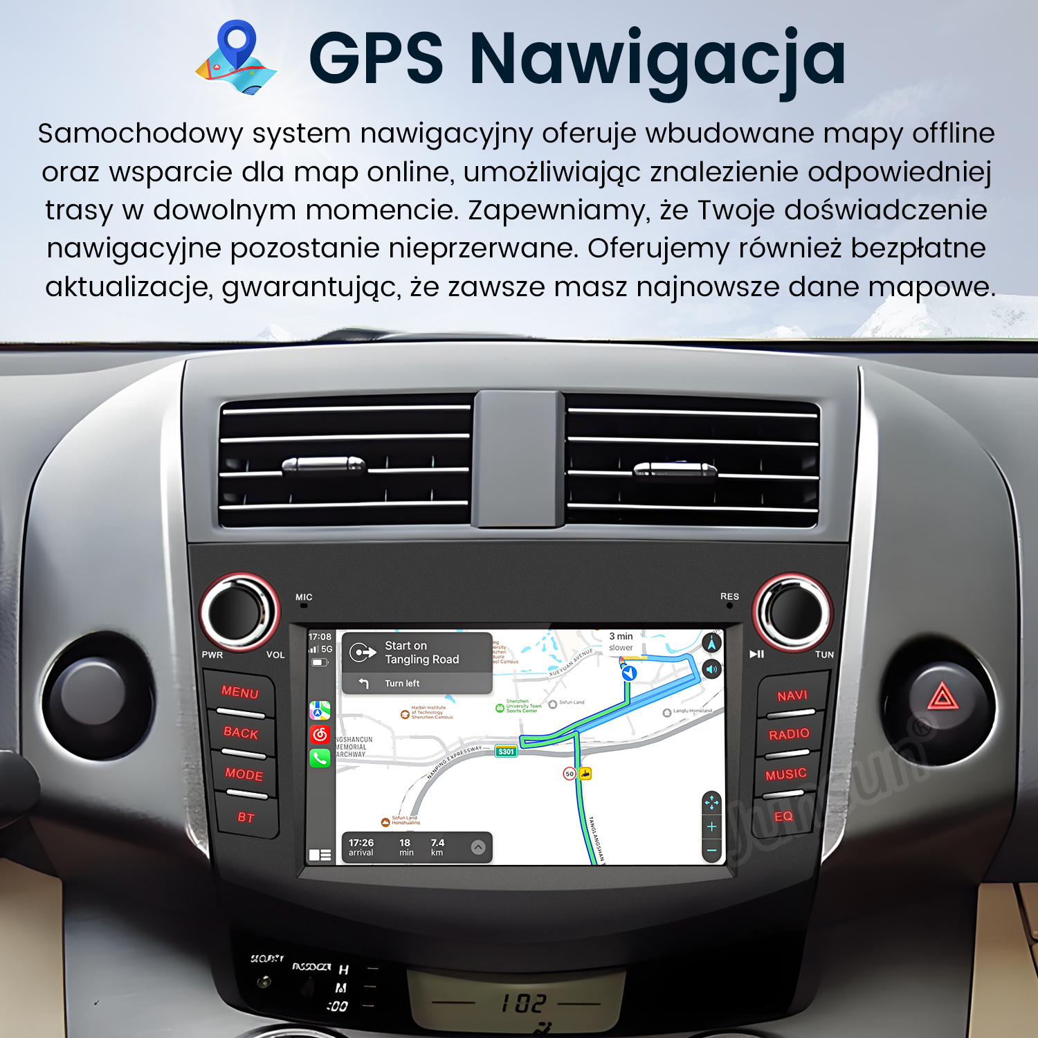 Deska rozdzielcza samochodu z ekranem nawigacji GPS pokazującym mapę. Widoczne przyciski menu, radia i muzyki.