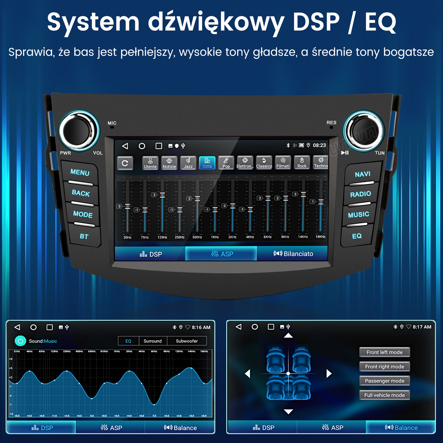 Interfejs systemu audio w samochodzie, wyświetlający ustawienia EQ, opcje muzyczne i tryby samochodu, z ekranem dotykowym i niebieskim interfejsem.