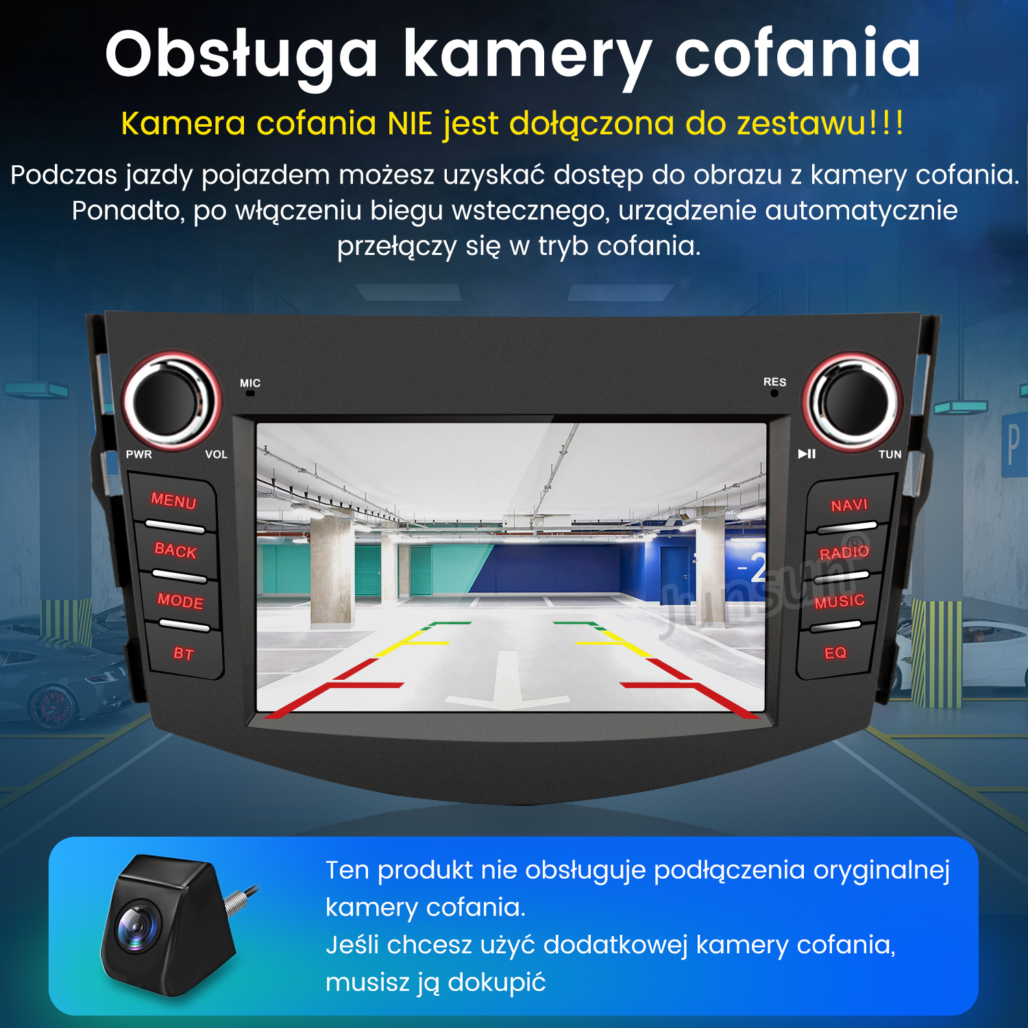 Ekran samochodowego systemu multimedialnego pokazujący widok parkingu z czerwonymi, żółtymi liniami i kamerą samochodową.