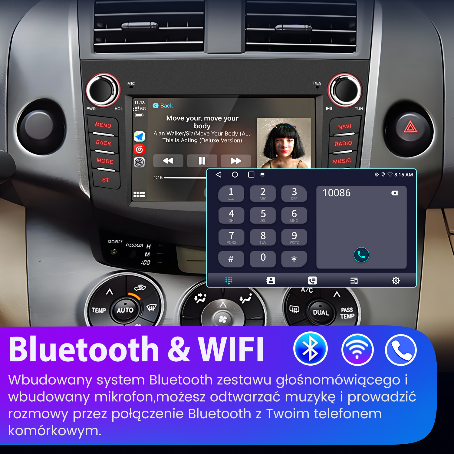 Ekran systemu multimedialnego samochodu z interfejsem połączeń telefonicznych, sterowaniem muzyką i połączeniem Bluetooth.