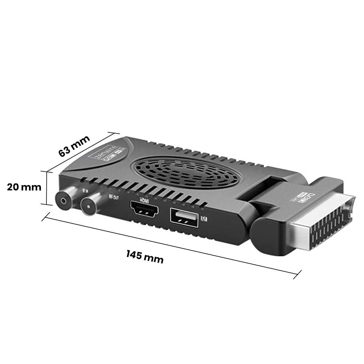Czarny odbiornik cyfrowy Zemwire. Posiada wiele portów, złącze SCART i wymiary 145 mm x 63 mm x 20 mm.