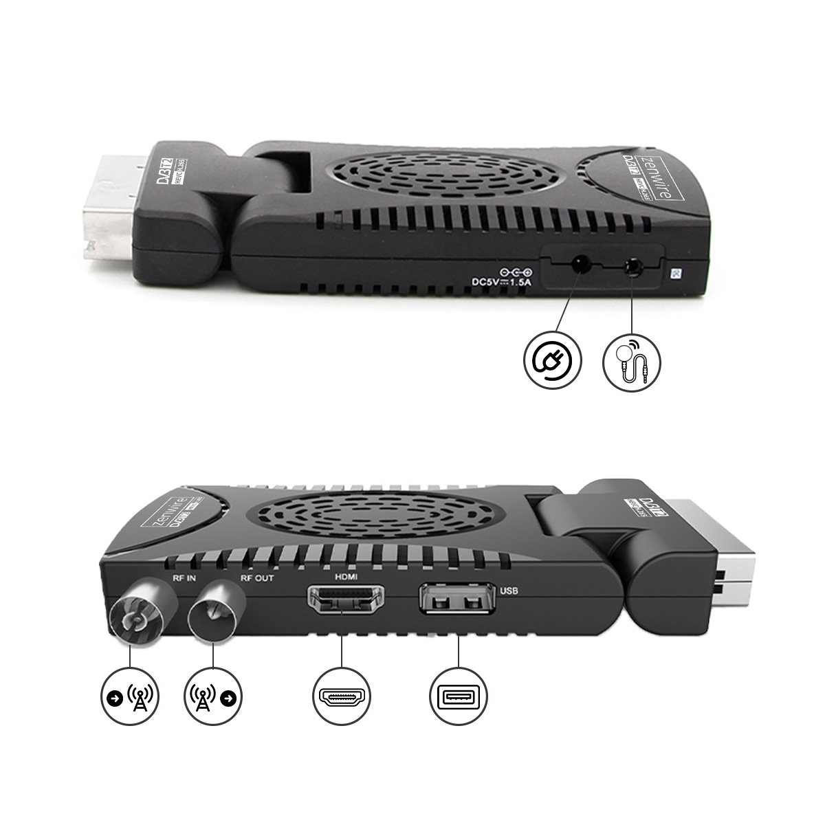 Czarny cyfrowy odbiornik TV. Widok z góry pokazuje otwory wentylacyjne i porty. Widok od dołu pokazuje porty RF, HDMI i USB.