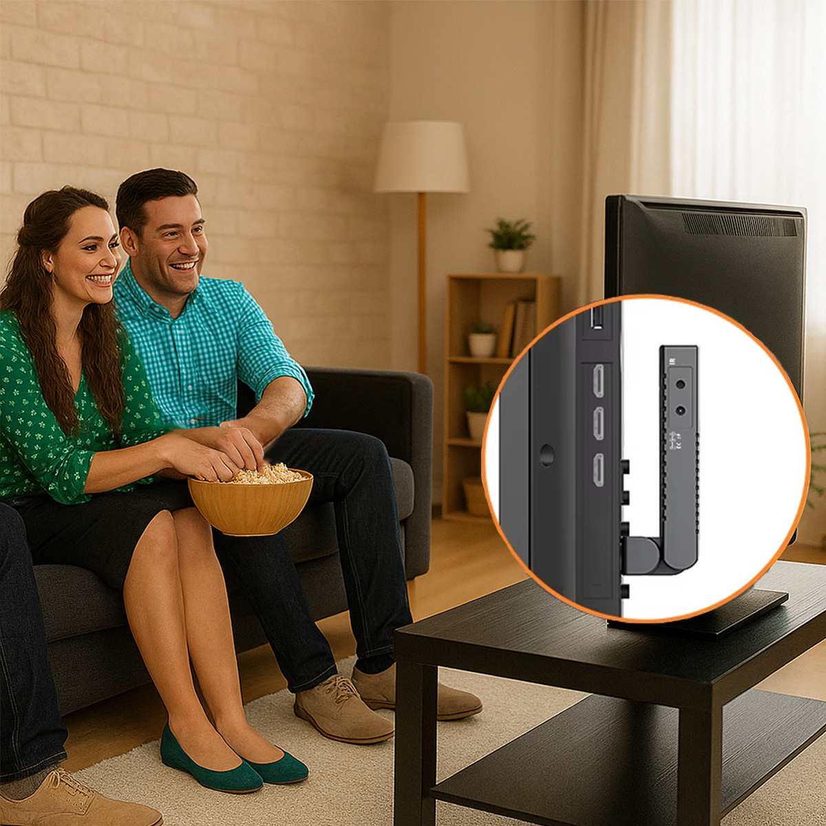 Para na kanapie ogląda telewizję, jedząc popcorn. Zbliżenie pokazuje tył telewizora z podłączonym urządzeniem.