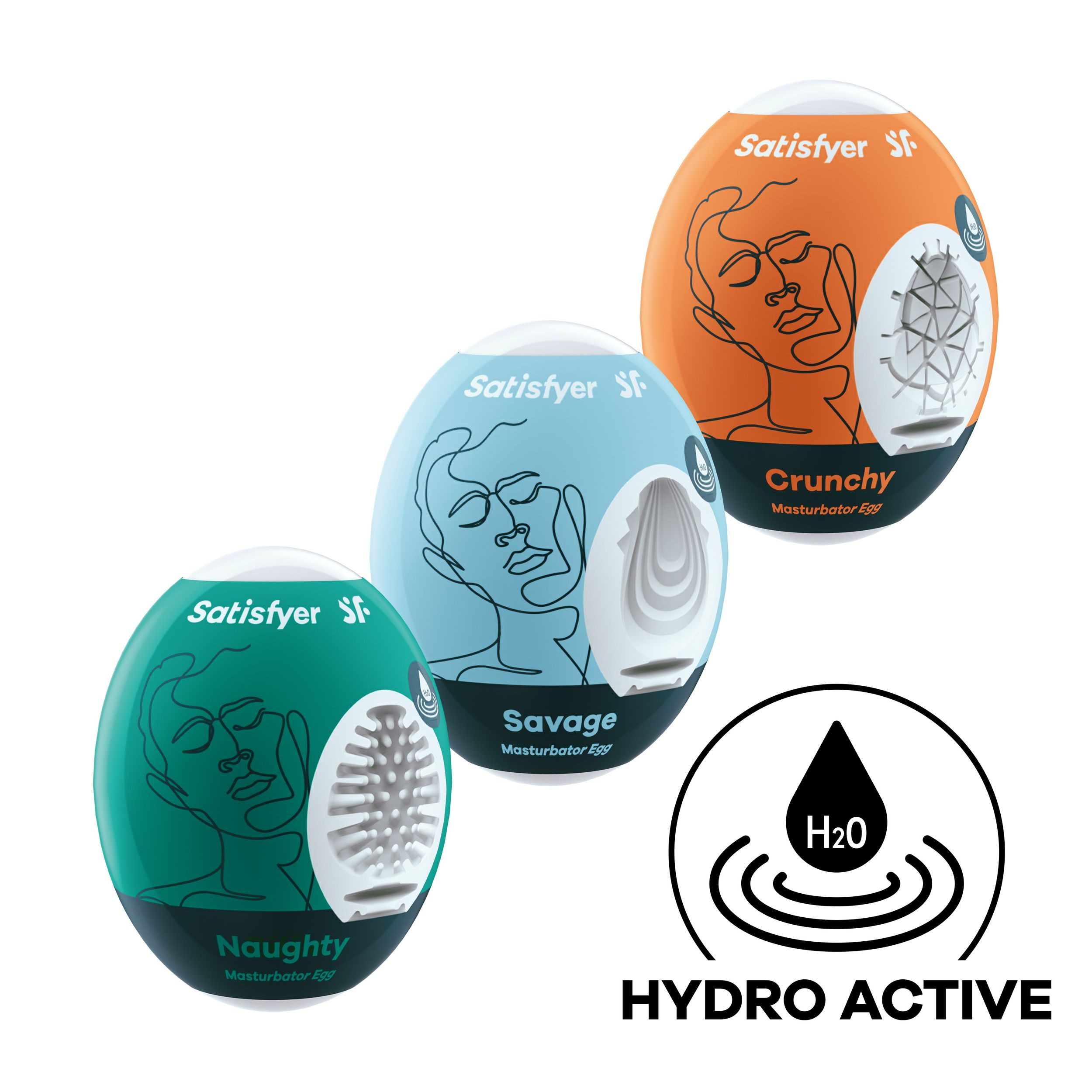 Trzy wibratory w kształcie jajka w kolorze niebieskim, zielonym i pomarańczowym, z napisem 'Satisfyer'. Obecne jest również logo hydro active.
