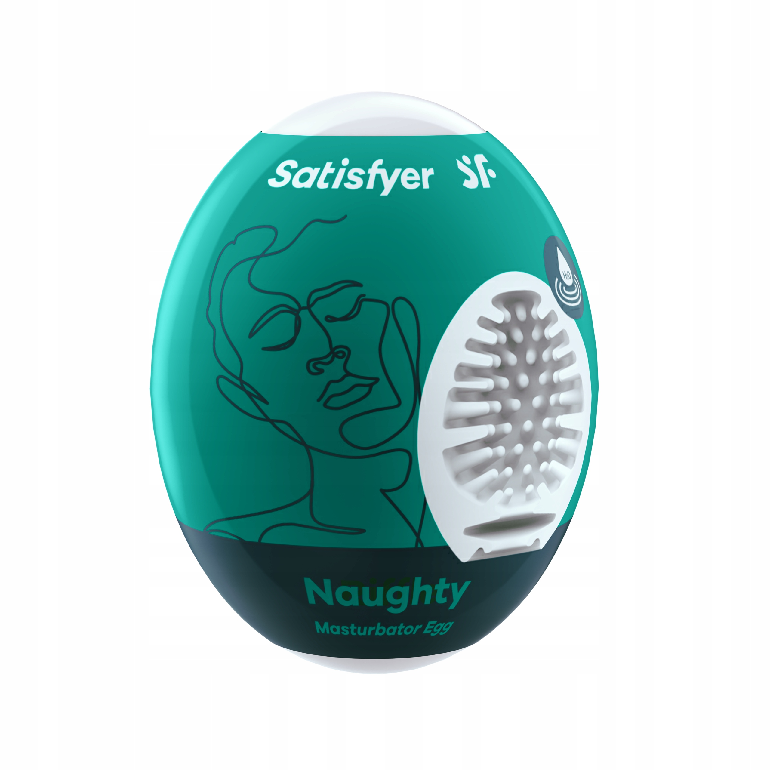 Seks zabawka w kształcie jaja. Jest turkusowa i biała, z napisami "Naughty" i "Satisfyer".
