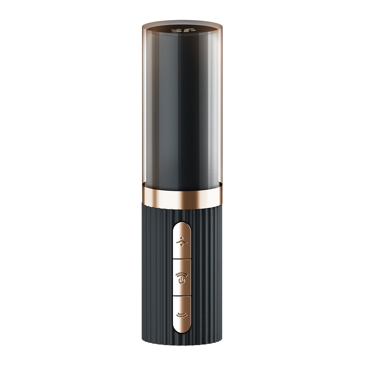 Un dispositivo cilíndrico negro y dorado con botones y una tapa transparente, posiblemente un producto de belleza o un gadget electrónico.