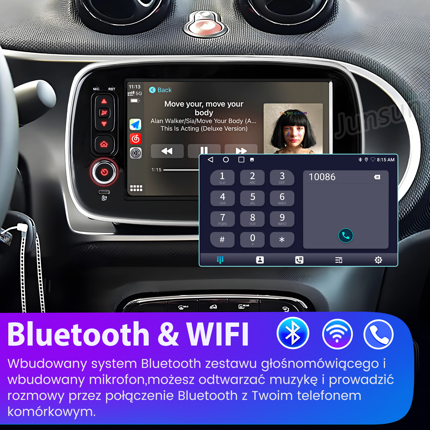 Deska rozdzielcza samochodu z ekranem odtwarzającym muzykę, dialerem telefonicznym i ikonami Bluetooth/WiFi.