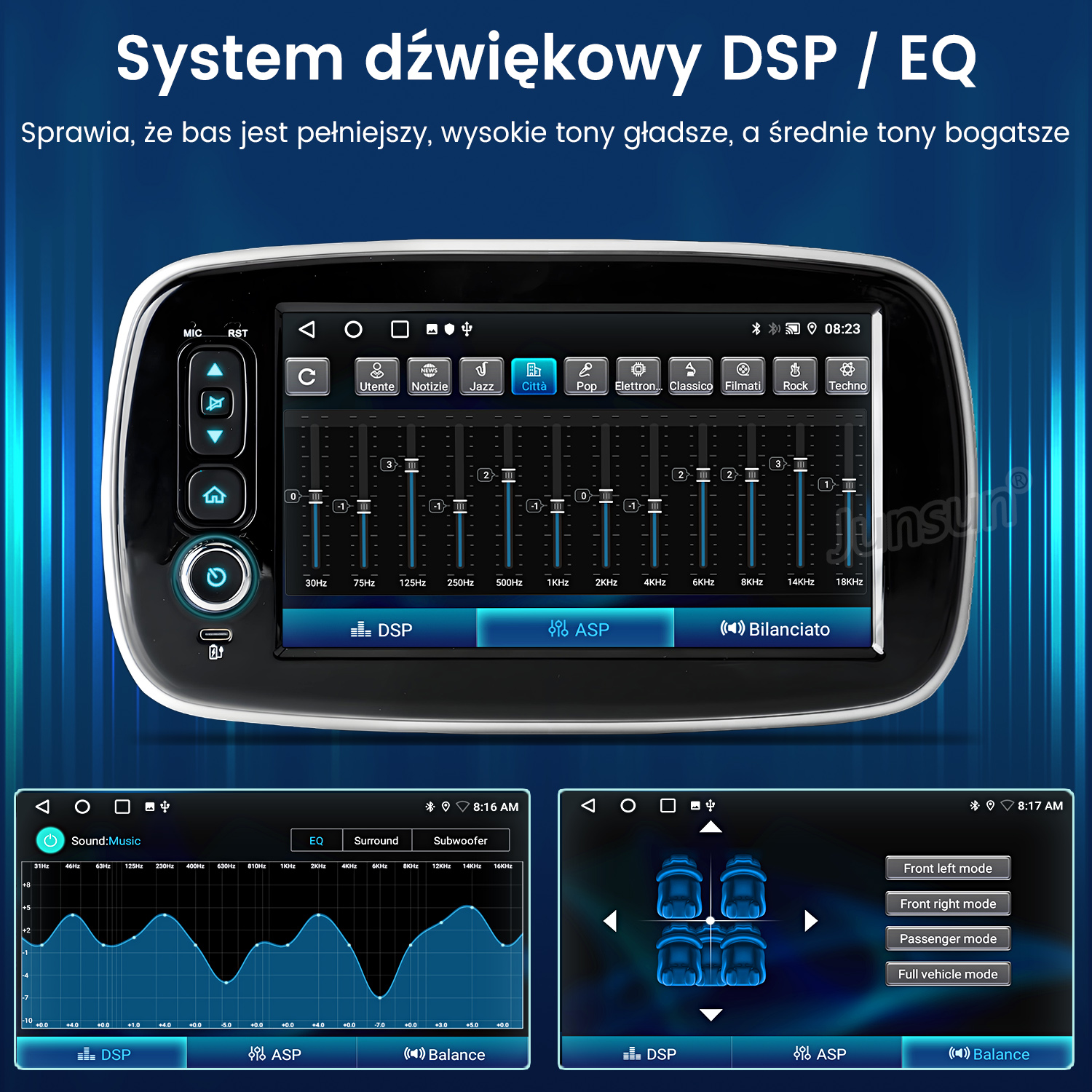 Interfejs systemu audio w samochodzie z korektorem i ustawieniami głośników. Wyświetla regulacje dźwięku i opcje na czarnym ekranie.