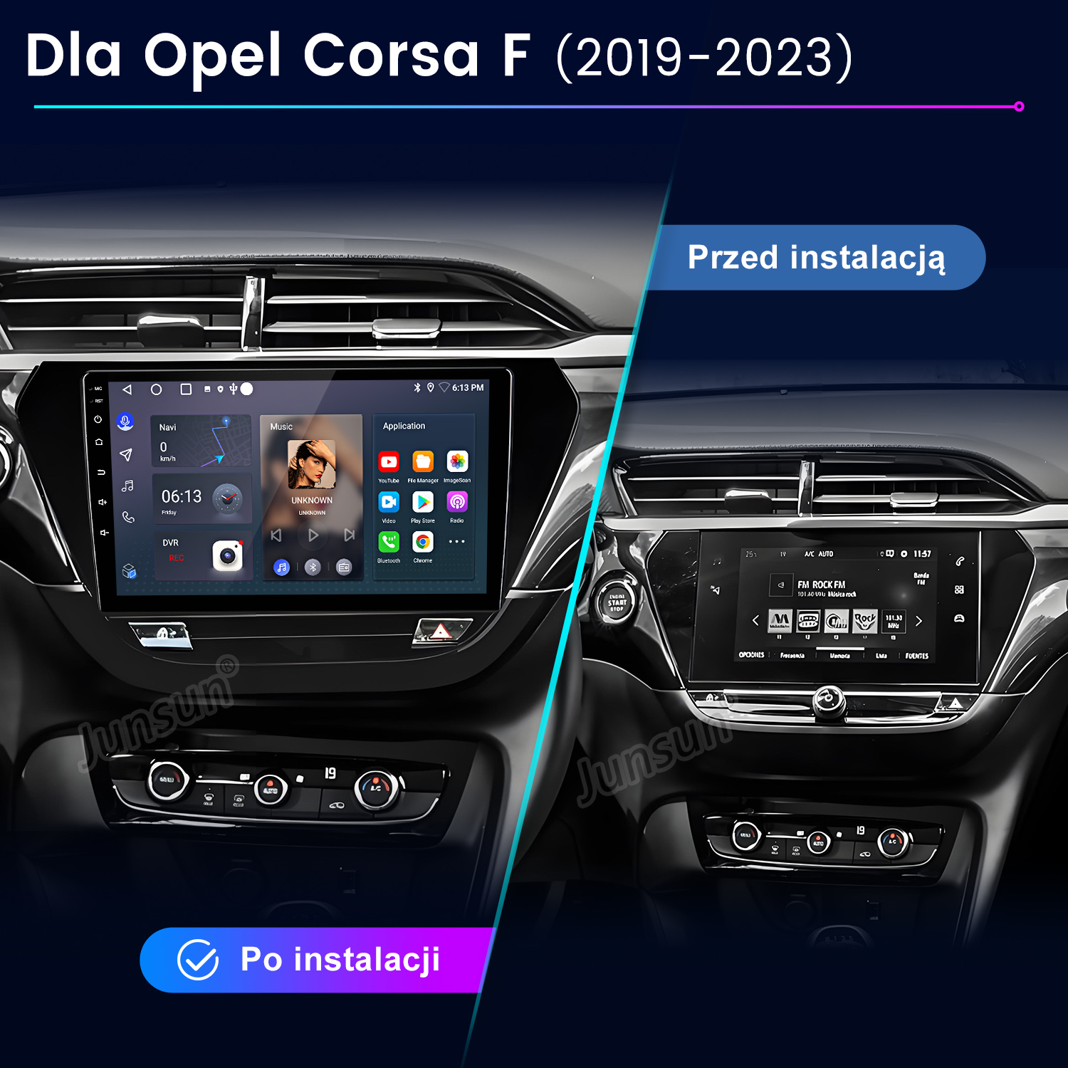 Zdjęcie przedstawia deskę rozdzielczą samochodu przed i po instalacji. Wyświetla ekran z aplikacjami, przyciskami i szczegółami klimatyzacji.