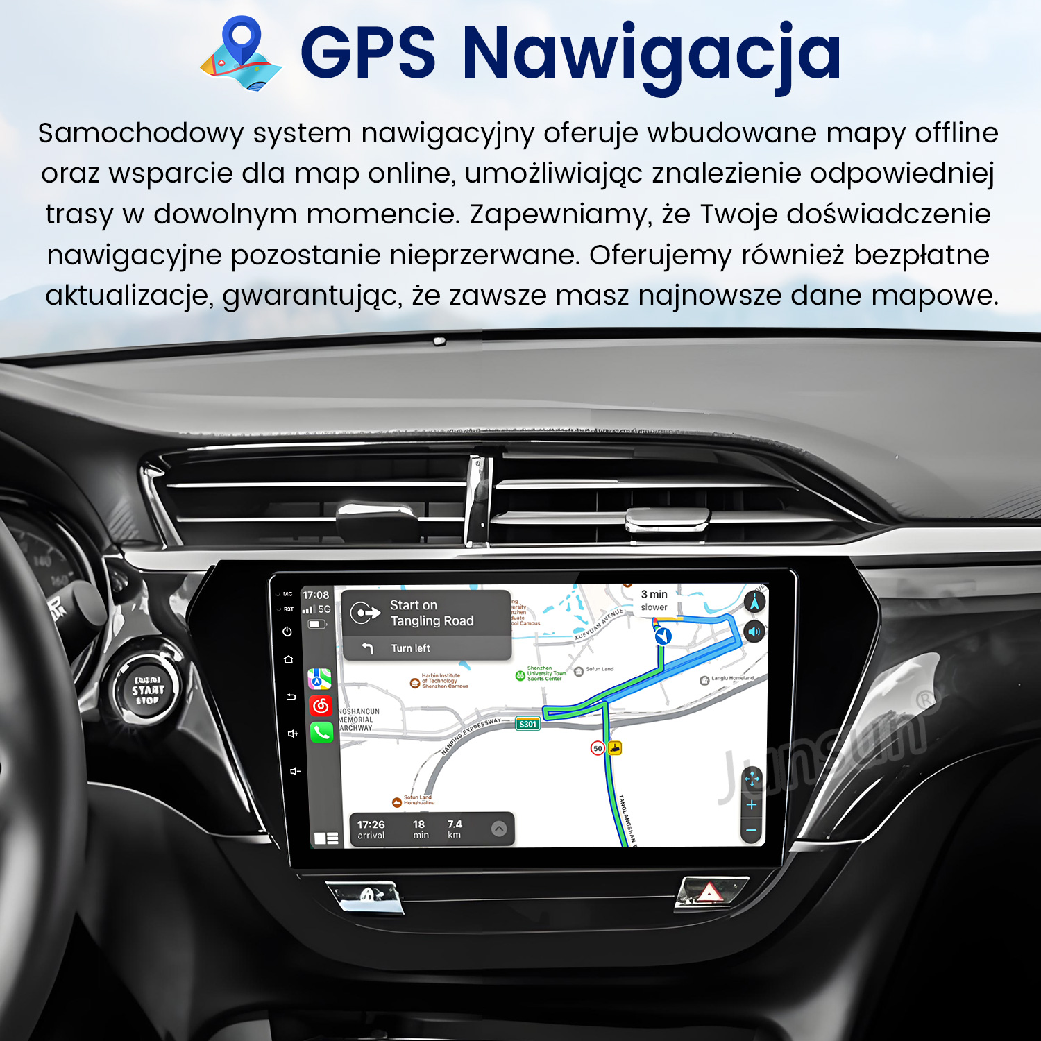 System nawigacji samochodowej z mapą, szczegółami trasy, instrukcjami skrętu i czasem przybycia na ekranie.