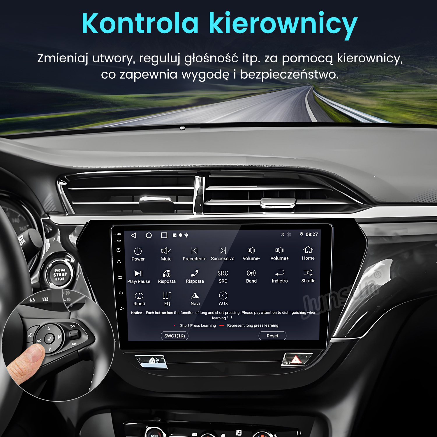 Wnętrze samochodu z ekranem dotykowym, sterowaniem kierownicy i tekstem w języku polskim.