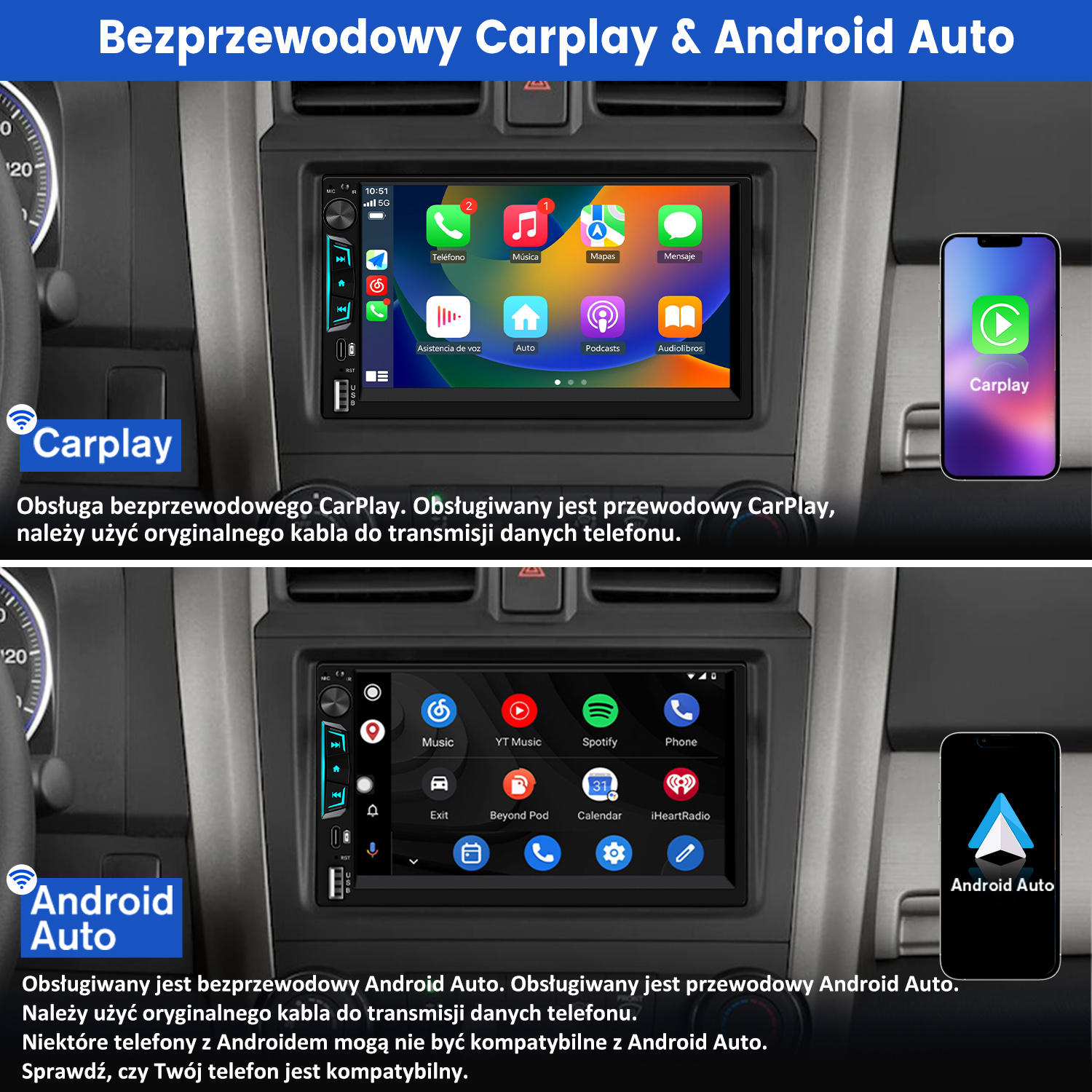 Ekran radia samochodowego pokazujący CarPlay i Android Auto. Smartfony wyświetlają każdy interfejs. Tekst opisuje obsługę bezprzewodową i przewodową.