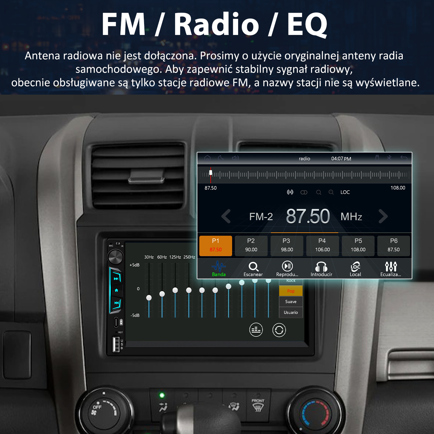 Ekran radia samochodowego wyświetlający informacje radiowe FM, w tym częstotliwość i ustawienia korektora. Widoczna jest deska rozdzielcza samochodu.