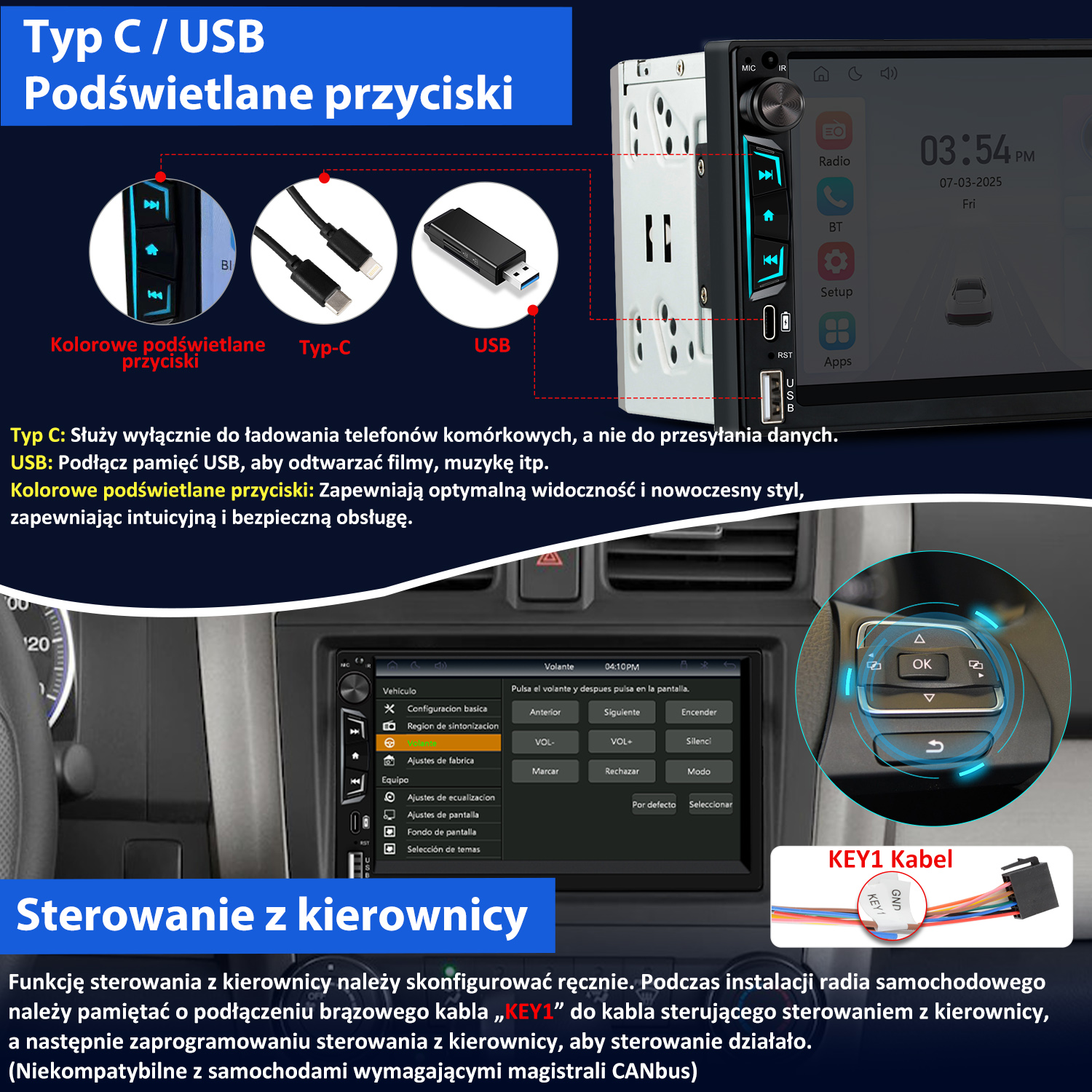 Radio samochodowe z ekranem, przyciskami i połączeniami kablowymi. Etykiety tekstowe opisują funkcje i instrukcje.
