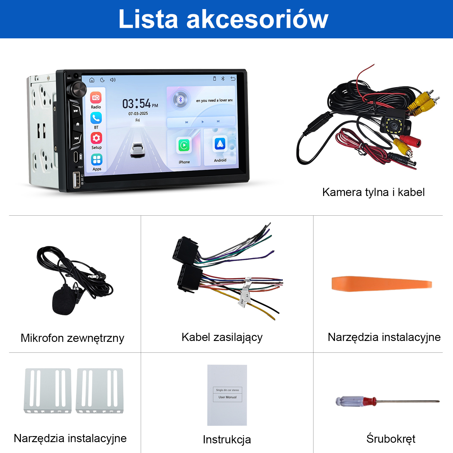 Akcesoria do radia samochodowego: jednostka centralna, okablowanie, mikrofon, kamera cofania, narzędzia i śrubokręt.