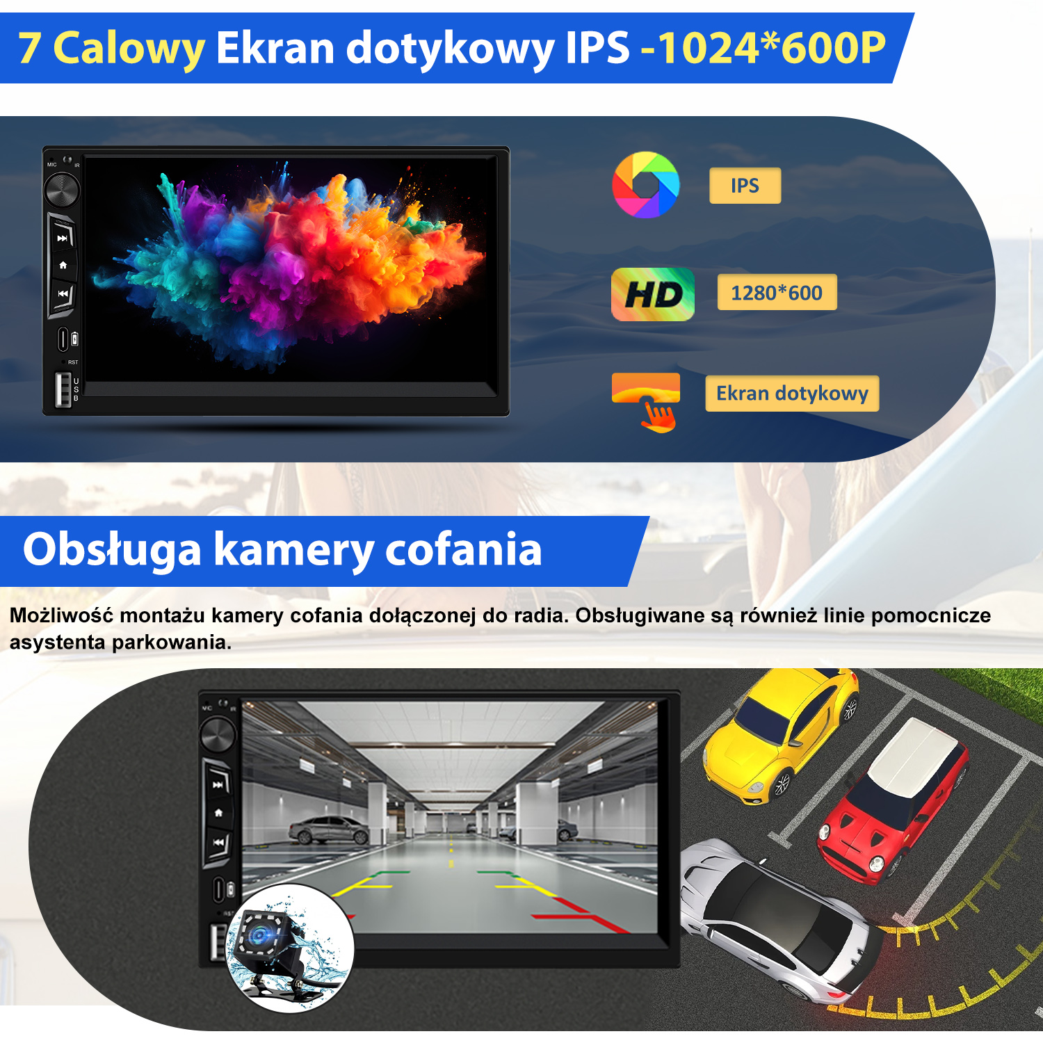 System multimedialny do samochodu z ekranem dotykowym, wyświetlający kolorowy obraz abstrakcyjny oraz widok kamery cofania z ilustracjami samochodów.