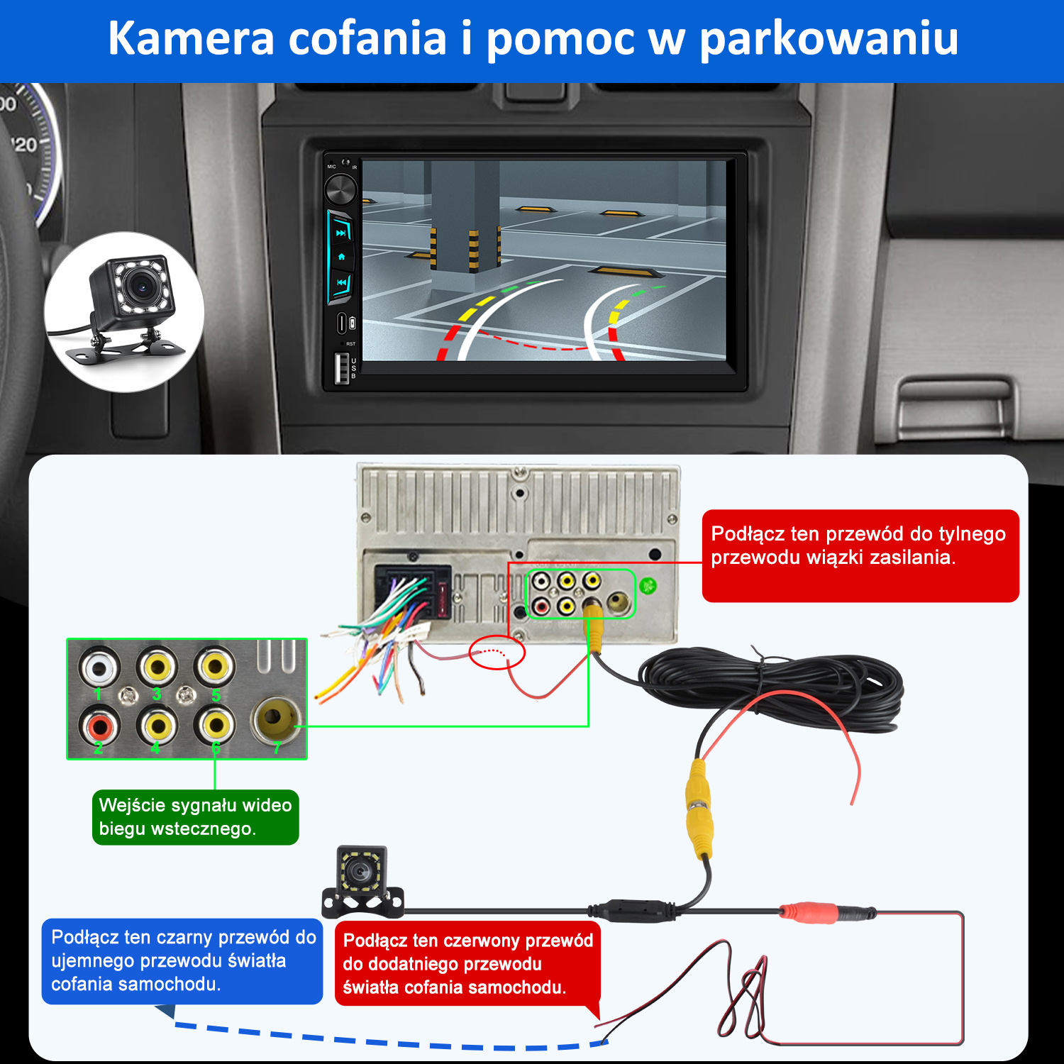 Schemat instalacji kamery cofania w samochodzie. Zawiera monitor, kamerę, okablowanie i punkty połączeń, z polskimi etykietami tekstowymi.