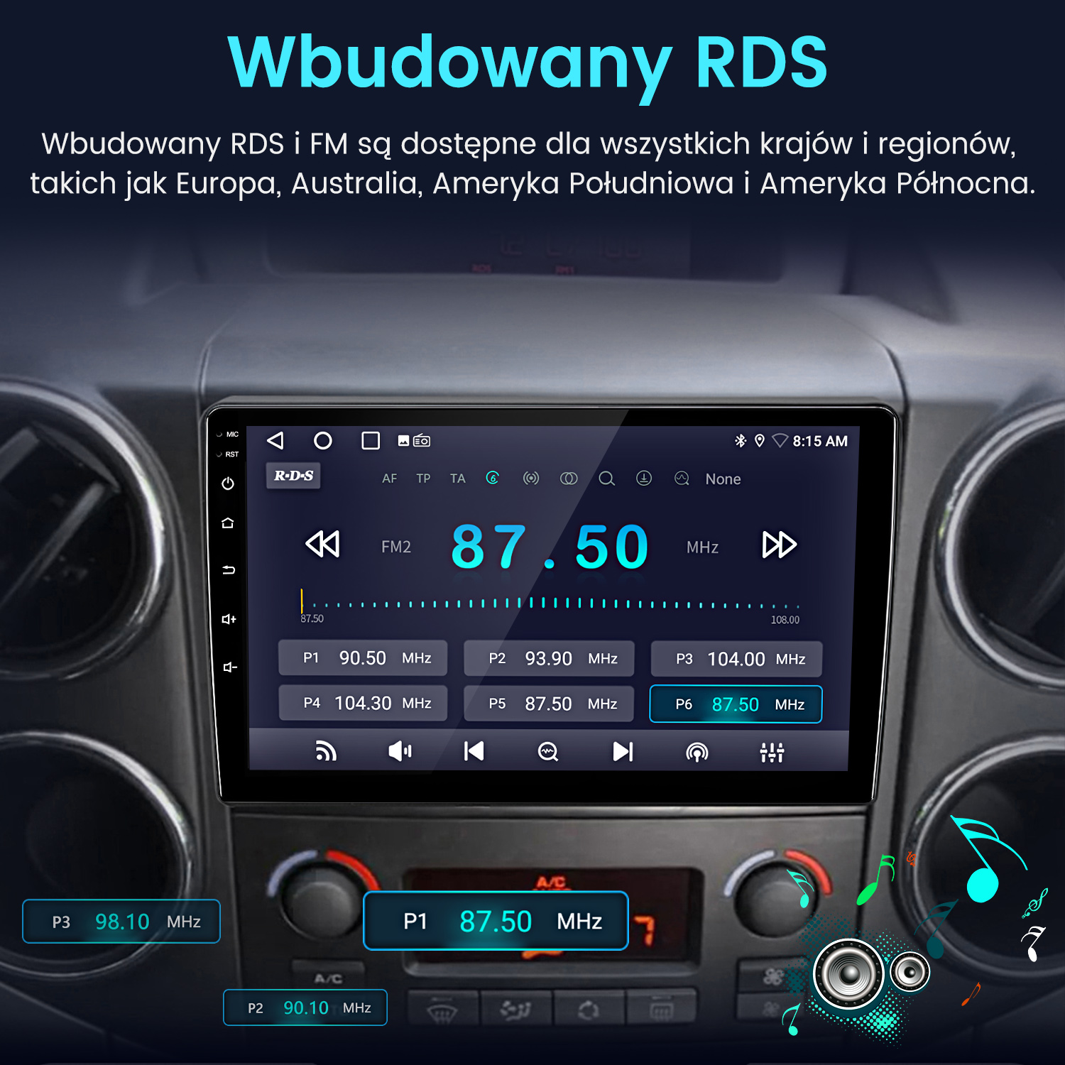 Ekran radia samochodowego wyświetlający 87,50 MHz. Ekran pokazuje elementy sterowania radiem, czas i zaprogramowane stacje. Tło to deska rozdzielcza.
