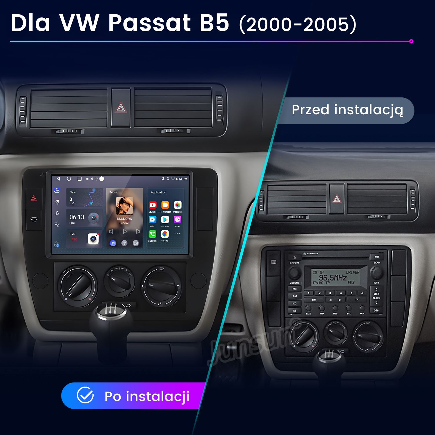 Porównanie desek rozdzielczych VW Passat B5 przed i po instalacji nowego systemu multimedialnego. Nowy system ma ekran dotykowy.