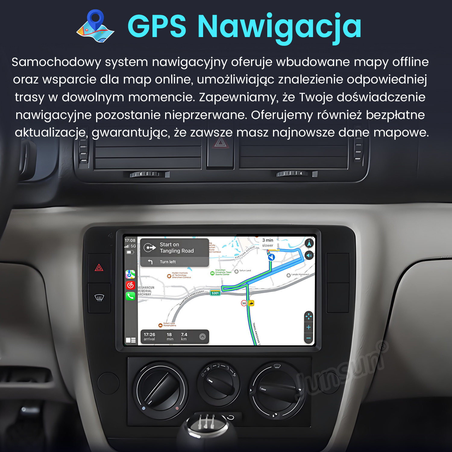 Deska rozdzielcza samochodu z nawigacją GPS. Ekran pokazuje mapę i wskazówki. Widoczne przyciski i pokrętła.