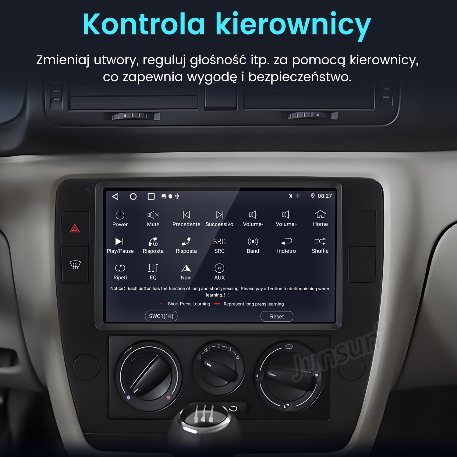 Ekran systemu informacyjno-rozrywkowego w samochodzie. Wyświetla przyciski, takie jak zasilanie, wyciszenie, głośność itp. Szczegóły wnętrza samochodu.