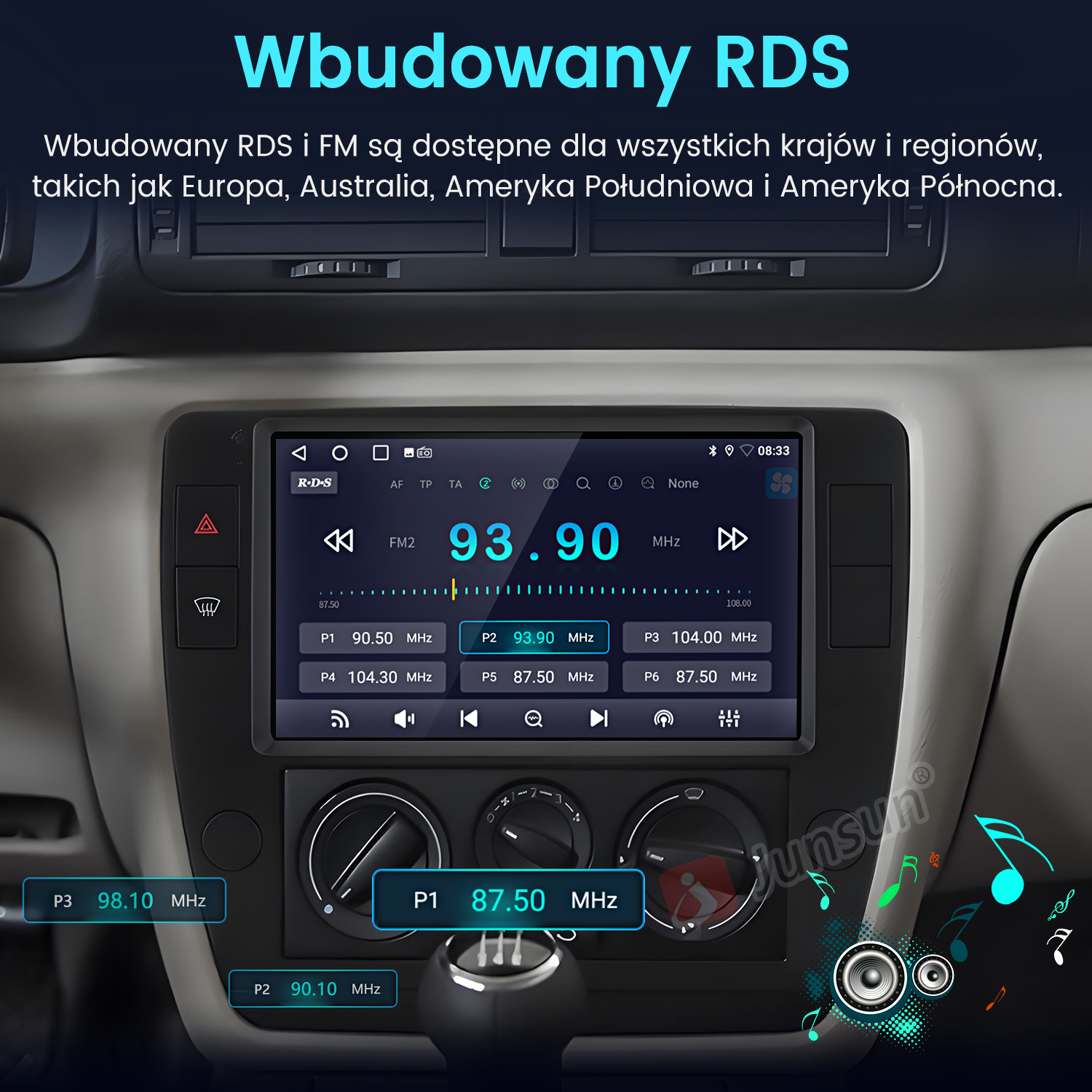 Ekran radia samochodowego wyświetlający 93,90 MHz, z przyciskami do stacji radiowych. Widoczny tekst RDS. W tle wnętrze samochodu.