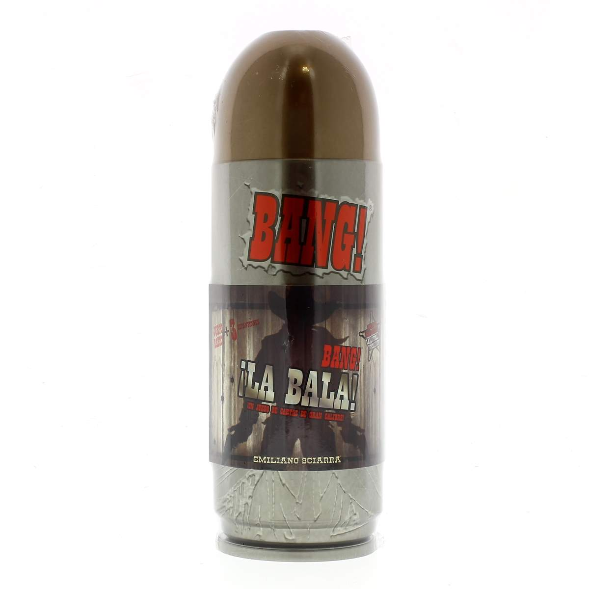 Un objeto con forma de bala con la parte superior marrón y el cuerpo plateado. Tiene 'BANG!' y '¡LA BALA!' con una silueta de vaquero.