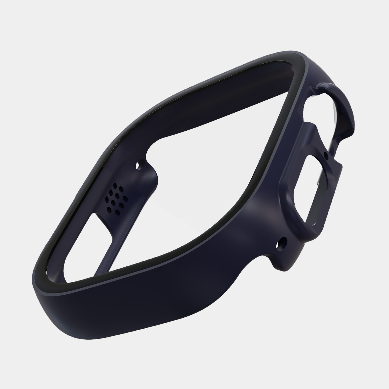 Ein marineblauer, gebogener Rahmen mit klarer Mitte, Löchern und einer ausgeprägten Form, möglicherweise für eine Brille, isoliert auf weißem Hintergrund.