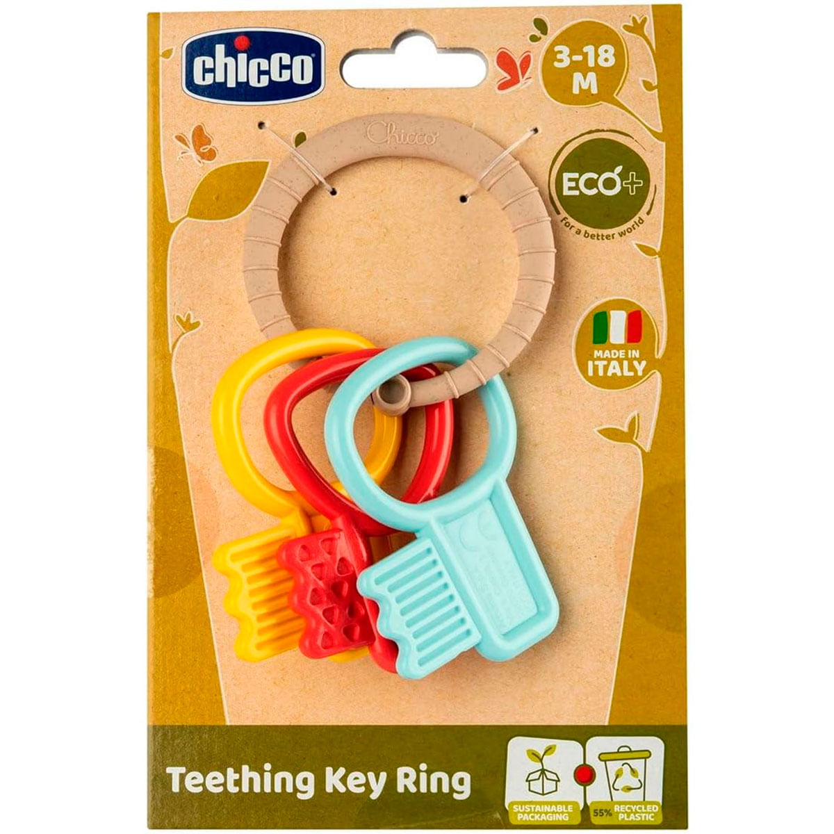 Ein Baby-Zahnschlüsselring mit gelben, roten und blauen Schlüsseln. Er befindet sich auf einer Kartonverpackung mit dem Chicco-Logo und der italienischen Flagge.