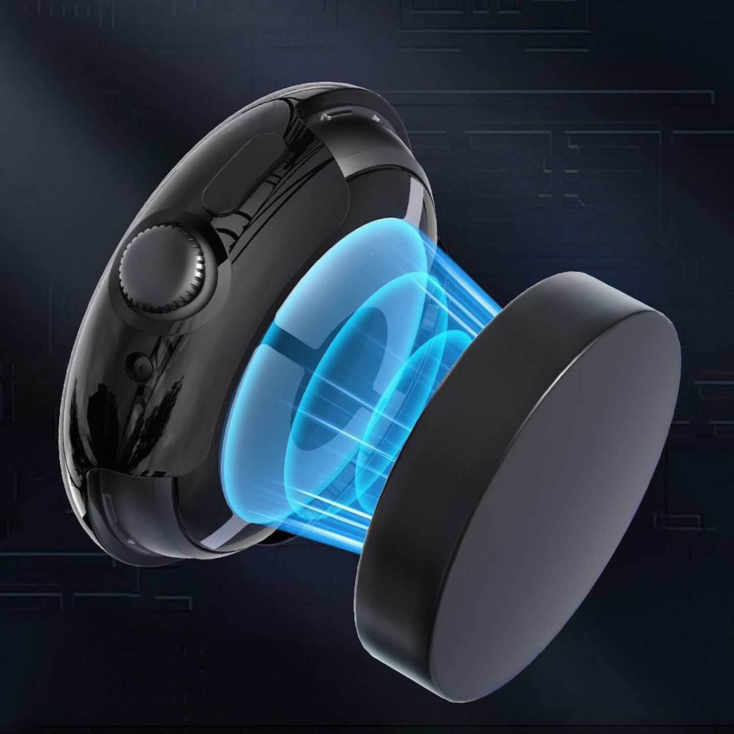 Smartwatch nero con base di ricarica magnetica, collegato da energia blu brillante. Sfondo scuro con linee tech.