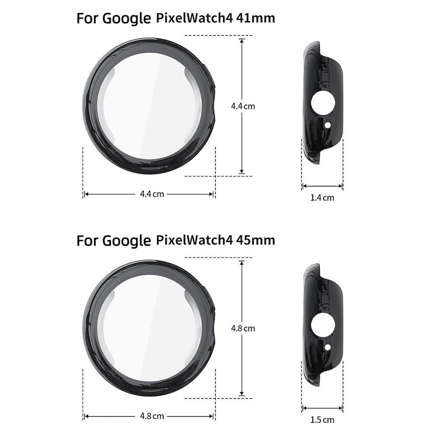 Diagrammi di protezioni per orologio per Google Pixel Watch 4, misure 41 mm e 45 mm, con dimensioni in cm e vista laterale.