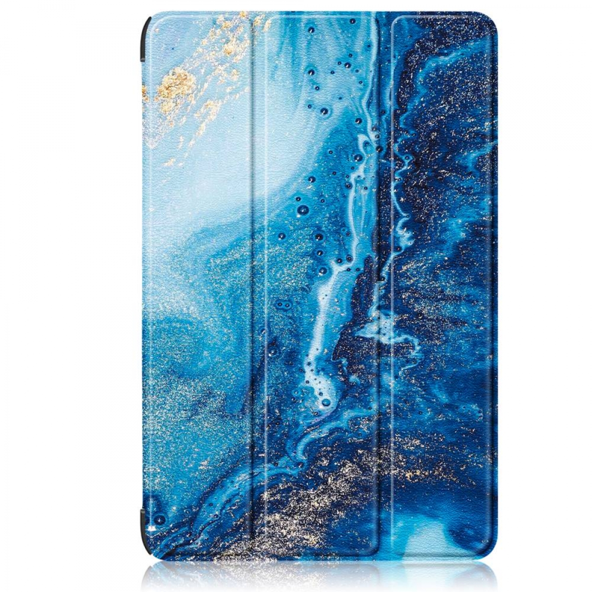 Tablethülle mit blauem und goldenem Marmordesign. Das Muster hat Wirbel aus blauem und goldenem Glitzer.