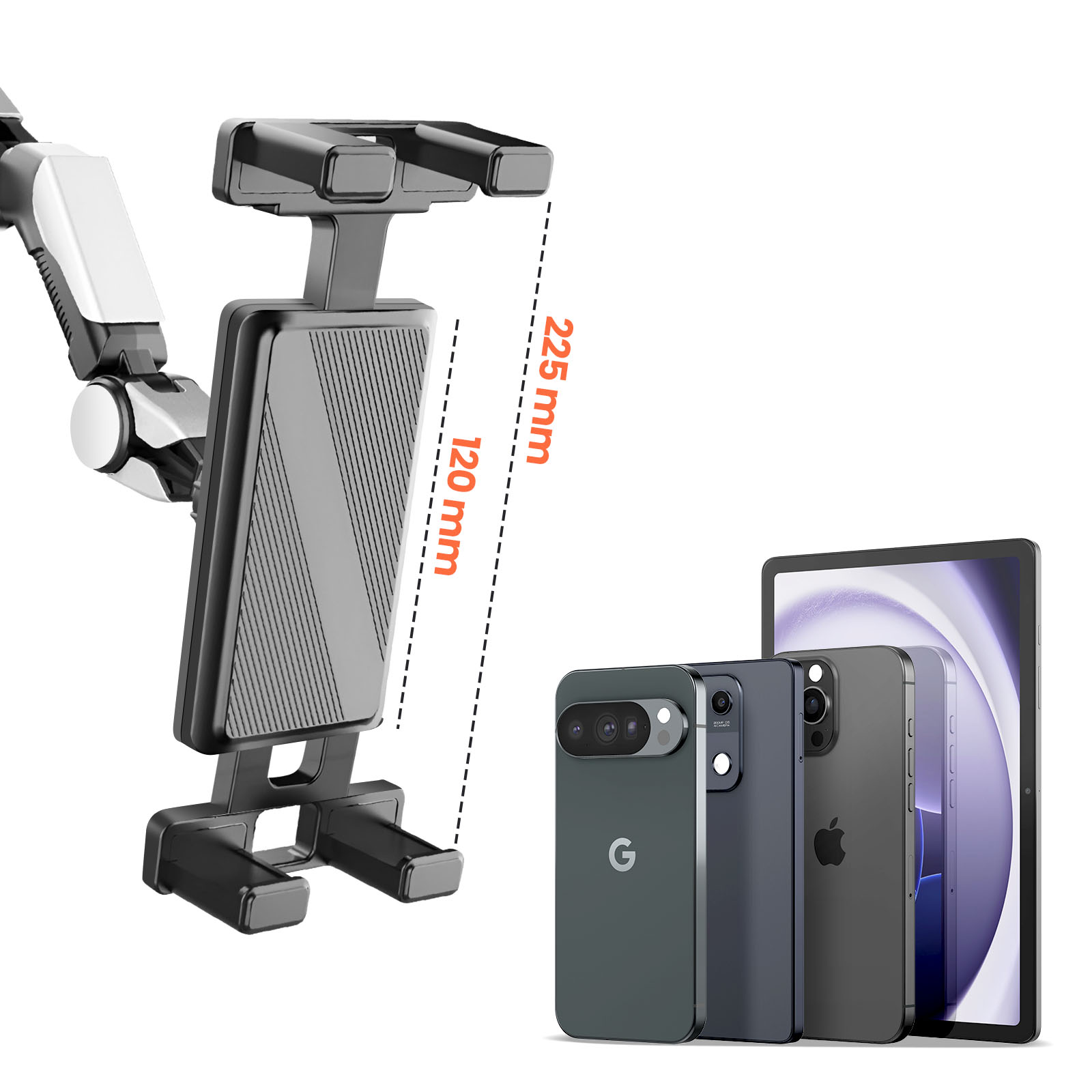 Soporte negro para teléfono con teléfonos y una tableta. Las dimensiones están marcadas. Teléfonos grises y negros en el fondo.